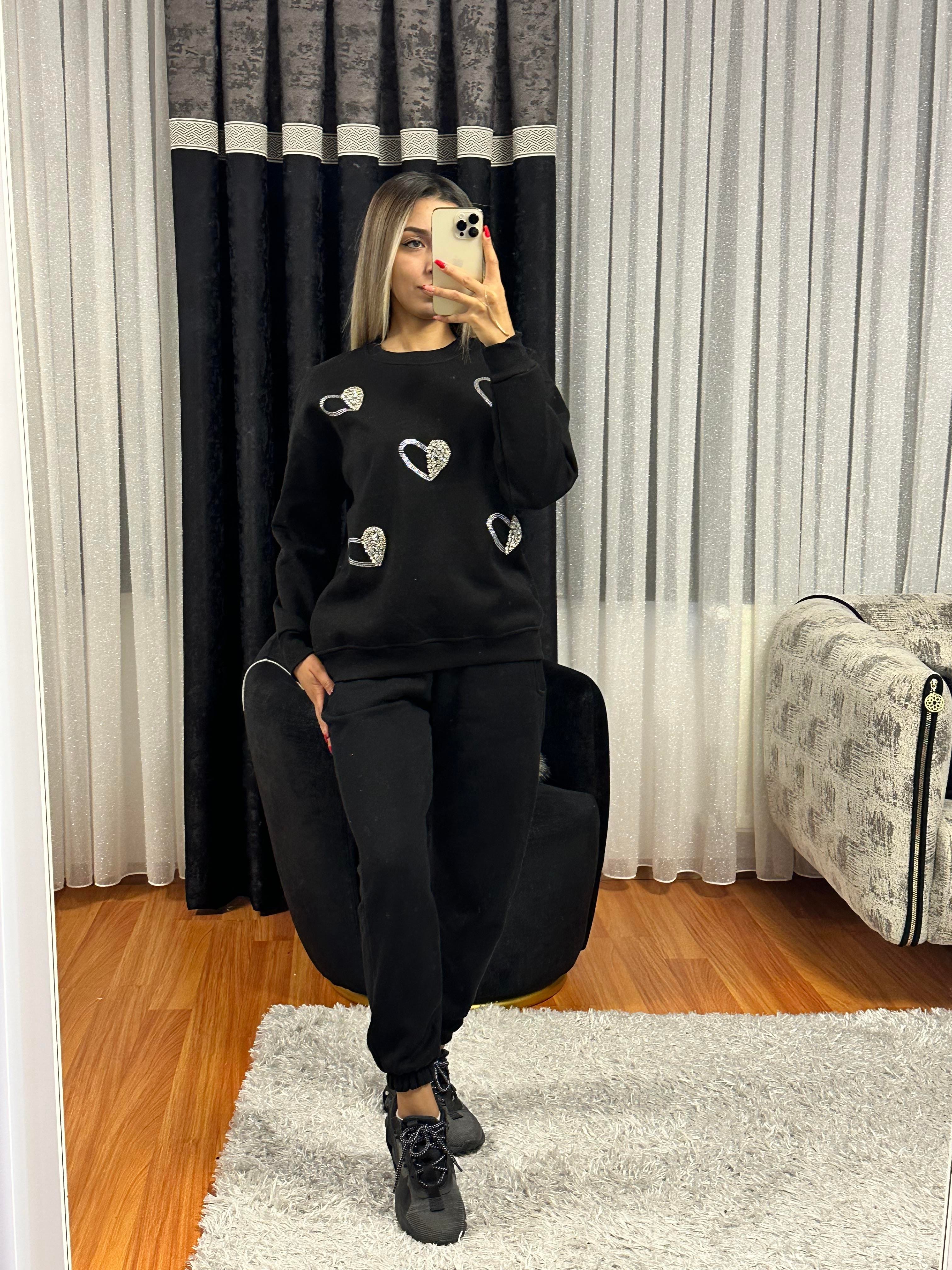 Kalp Taş İşleme Sweatshirt Siyah