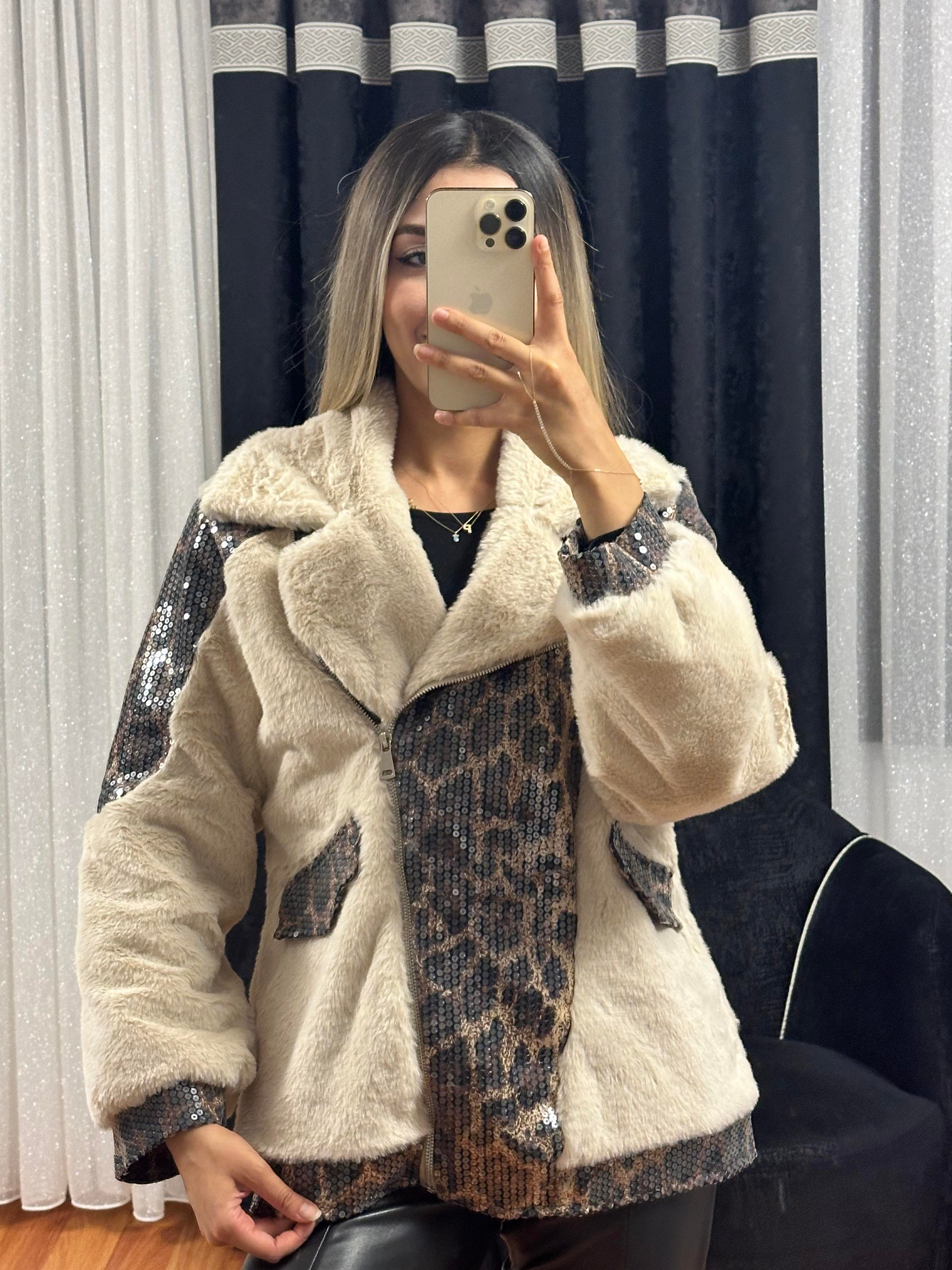 Leopar Desen Payetli Bej Kürk