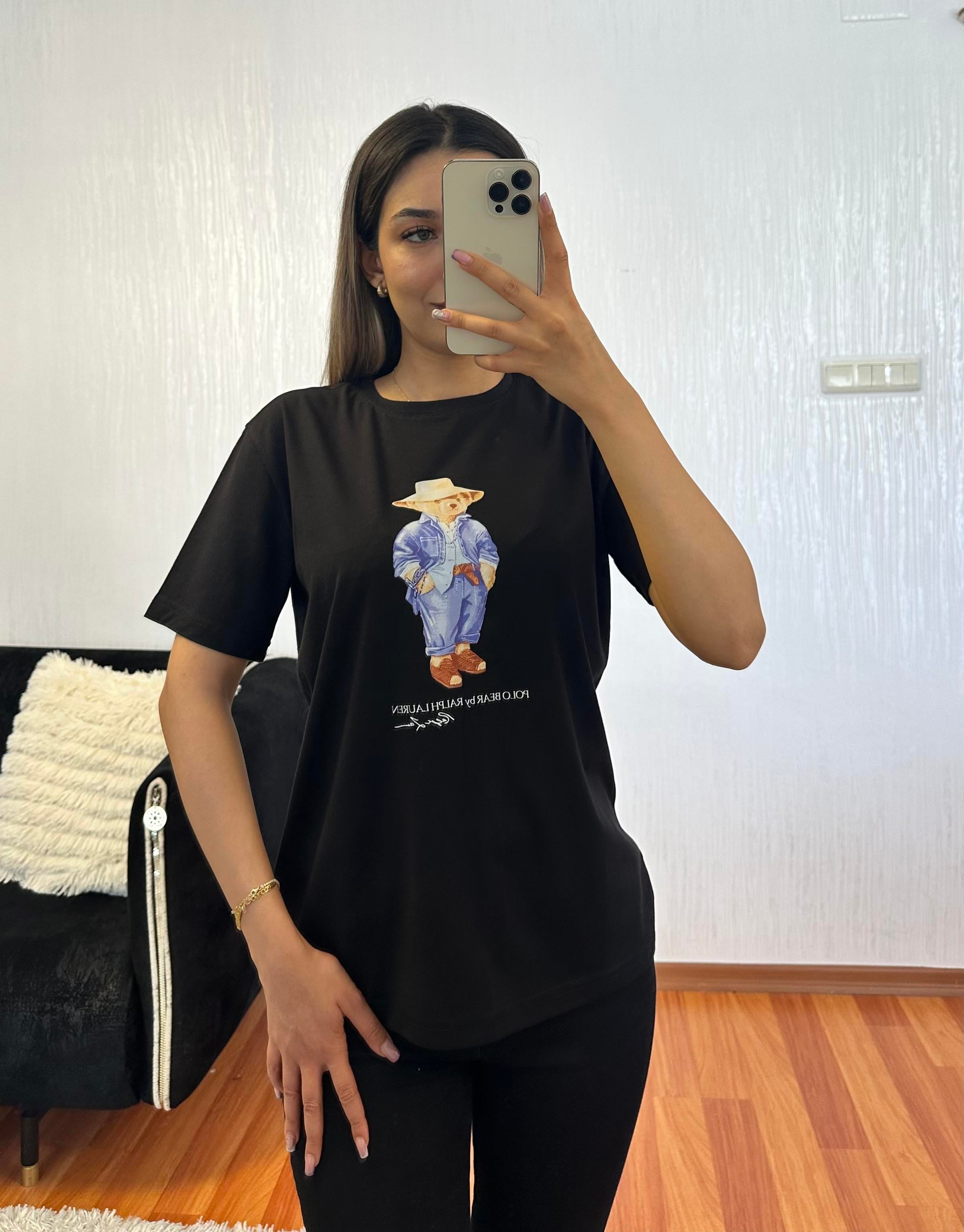 Marka Muadil Teddy Baskı Siyah Tişört