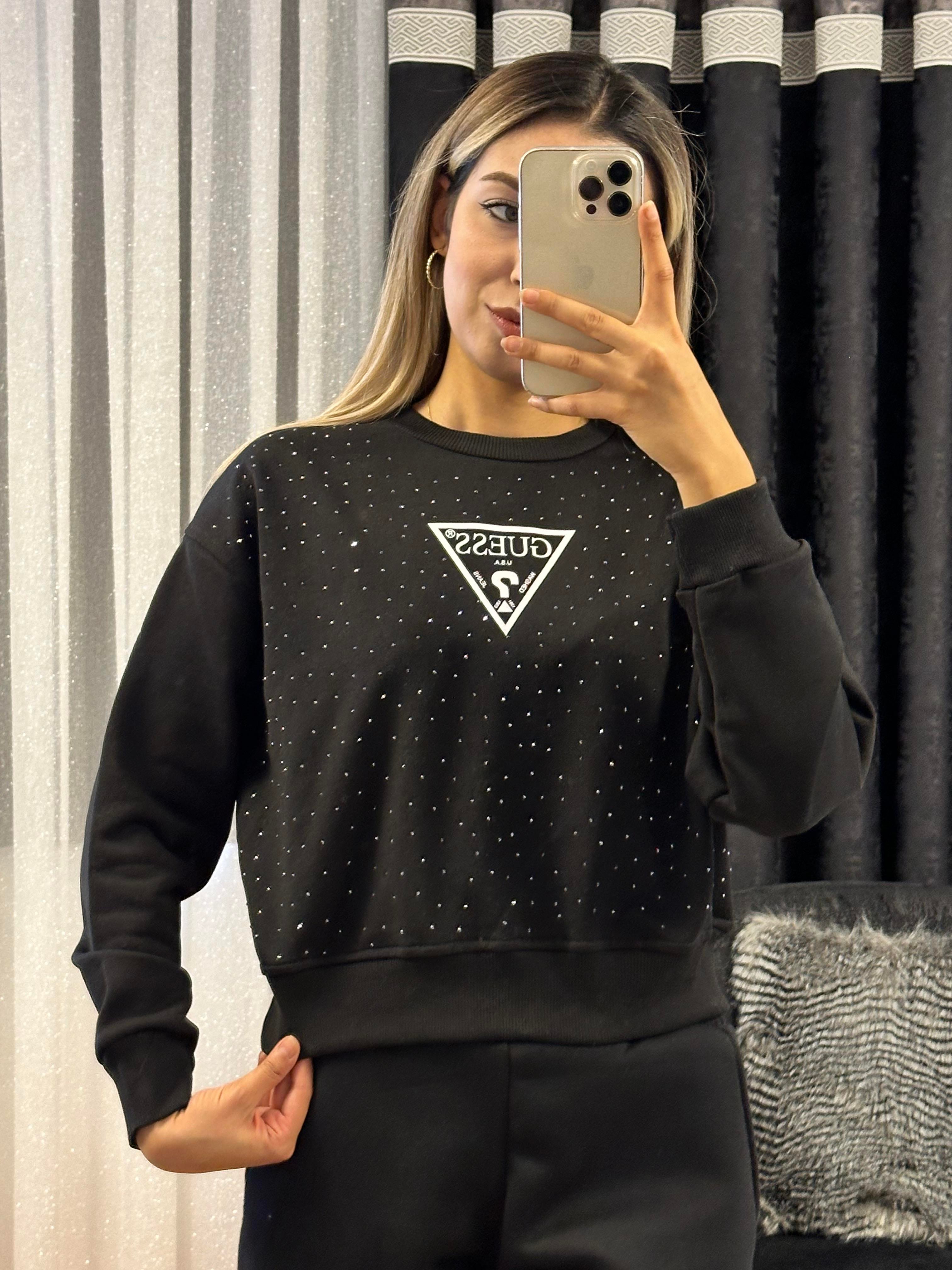 Taşlı Marka Crop Sweatshirt Siyah