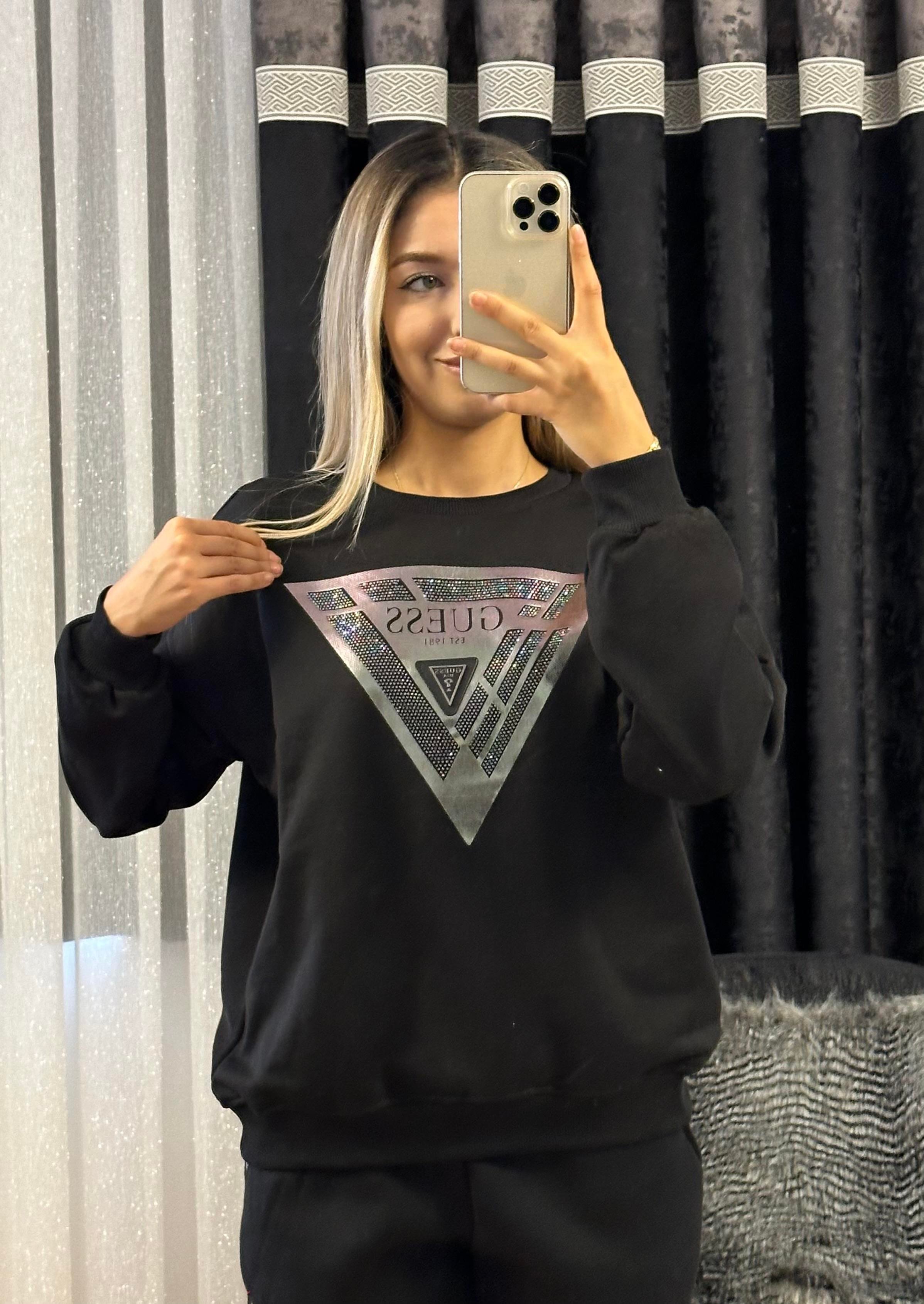 Taşlı Marka Sweatshirt Siyah