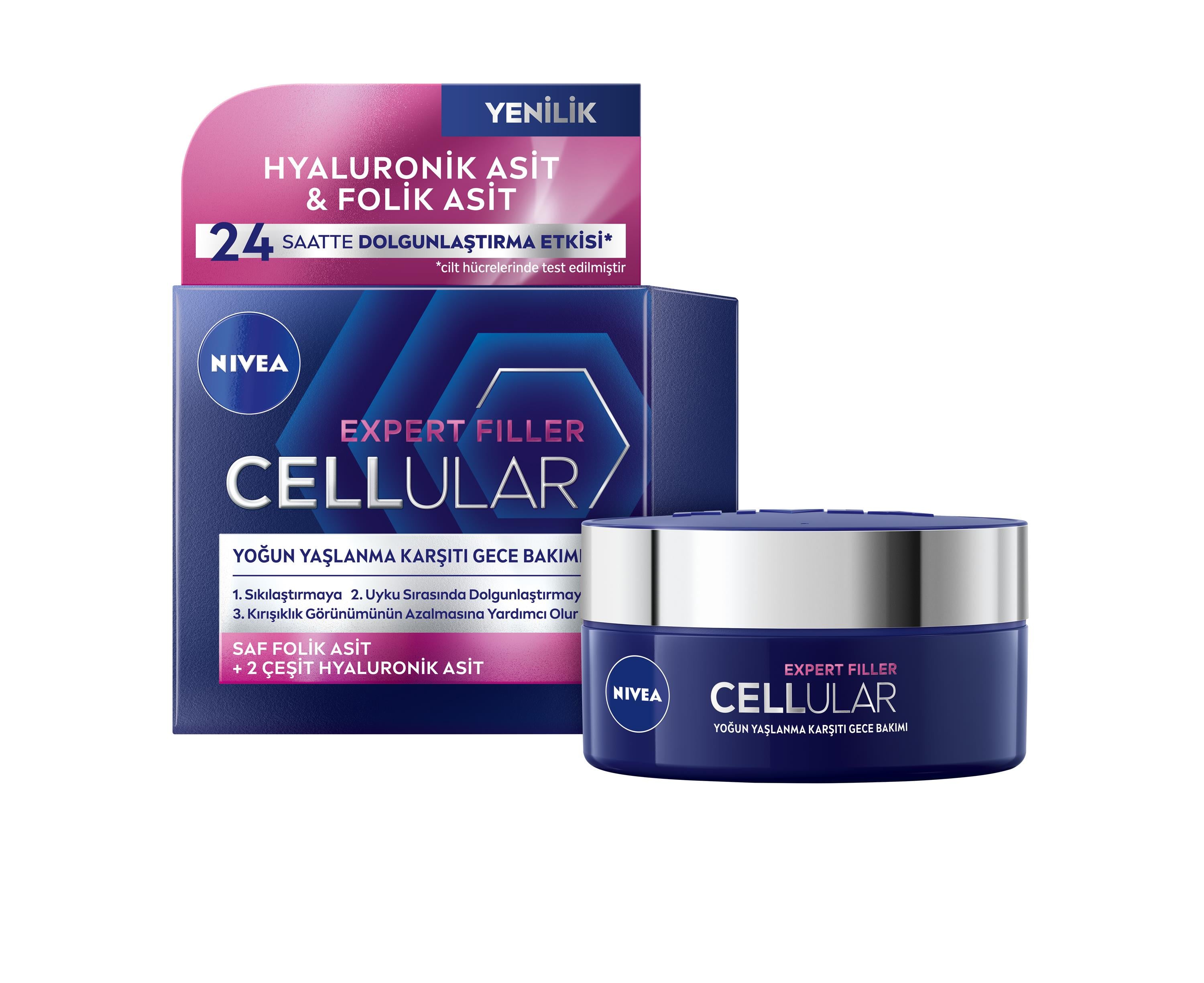 NIVEA FACE - Yüz Bakım Kremi - CELLULAR EXPERT FILLER - Yoğun Yaşlanma Karşıtı Gece Yüz Bakım Kremi - Hyaluronik ve Folik Asit İçeriği - 24 Saate Kadar Dolgunlaştırma Etkisi - 50 ML