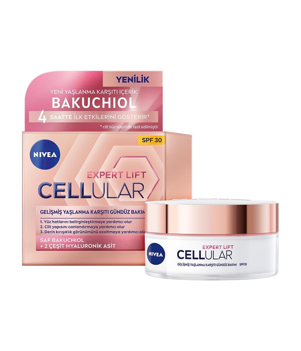 NIVEA FACE - Yüz Bakım Kremi - CELLULAR EXPERT LIFT - Gelişmiş Yaşlanma Karşıtı, Nemlendirici Gündüz  Bakım Kremi - Bakuchiol ve Hyaluronik Asit İçeriği ile 4 Saatte Etkisini Fark Edin - SPF 30 Güneş Koruma Faktörü - 50ML