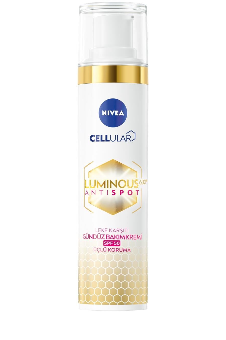 NIVEA FACE&SUN - Güneş Koruyucu -Yüz Bakım Kremi - LUMinouS630 CeLLulaR AntiSpot Leke Karşıtı Gündüz Bakım Kremi -  E Vitamini ve Hyaluronik Asit İçerikli SpF50 Güneş Koruma Faktörlü Yüz Kremi 40 ML