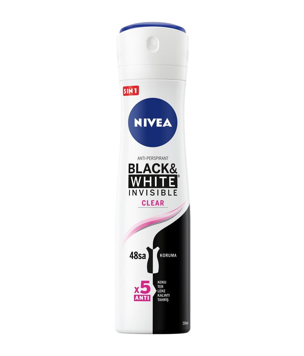 NIVEA Women - Kadın Deodorant - Black & White Invisible Clear Kadın Sprey Deodorant 150 ML - Terlemeye Karşı 72 Saate Kadar Derma Aktif Koruma
