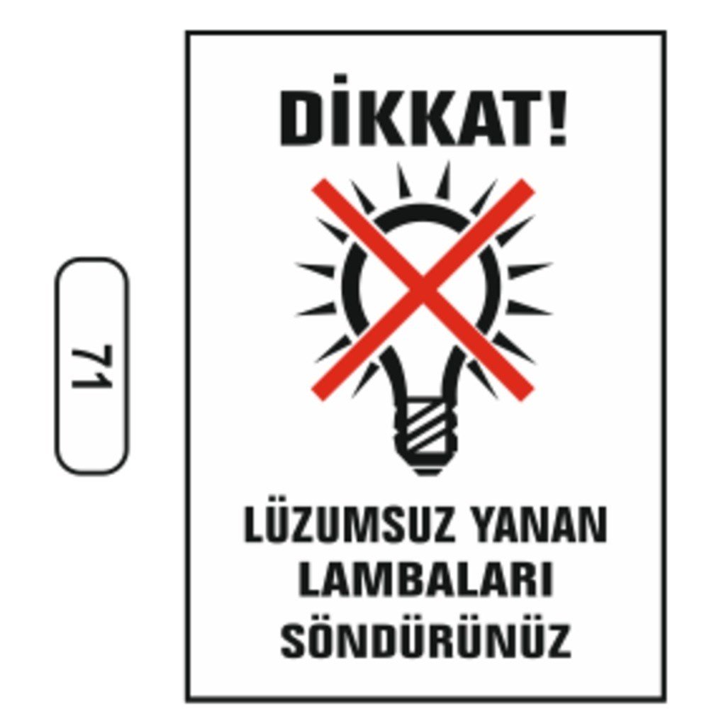 Ergündoğdu 71 Di̇kkat! Lüzumsuz Yanan Lambaları Söndürünüz PVC Uyarı Levhası 25 x 35 cm