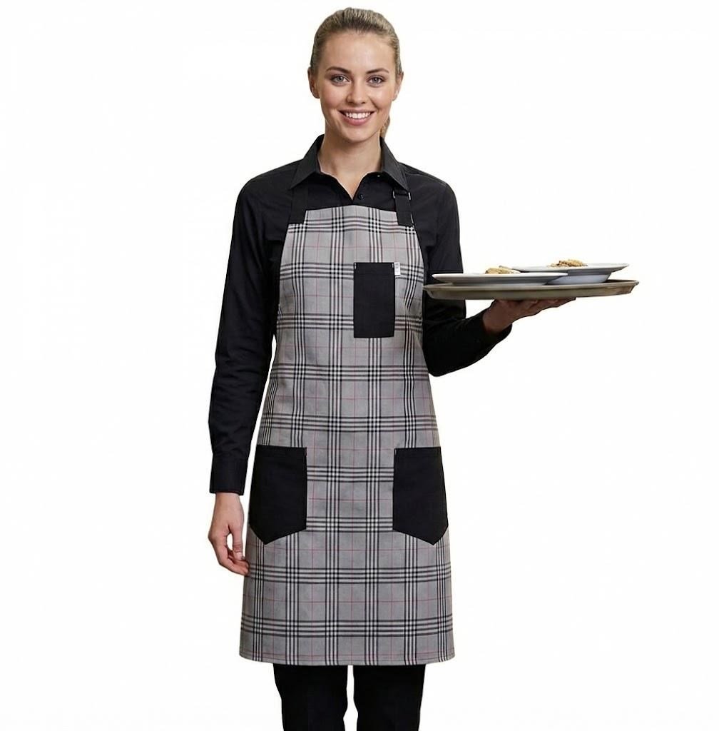 Formteks Bari̇sta Chef Cafe Aşçı Boydan Önlük Si̇yah Cepli̇   Eko Desenli̇ Gri̇