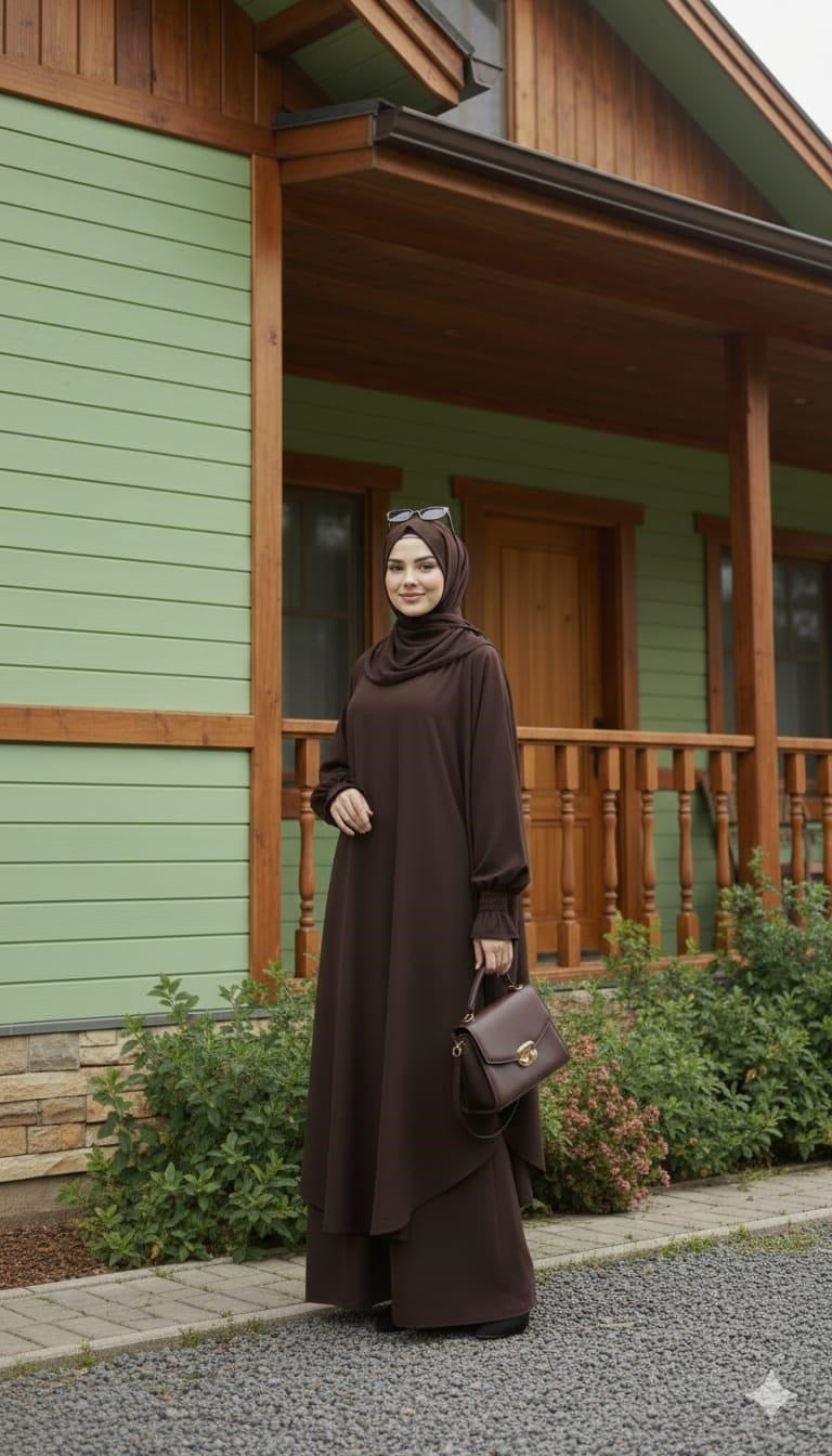 ASALET Kadın Tesettür İkili Takım Yarasa Kol, Oversize Tunik, Bol Paça Pantolon Kahverengi