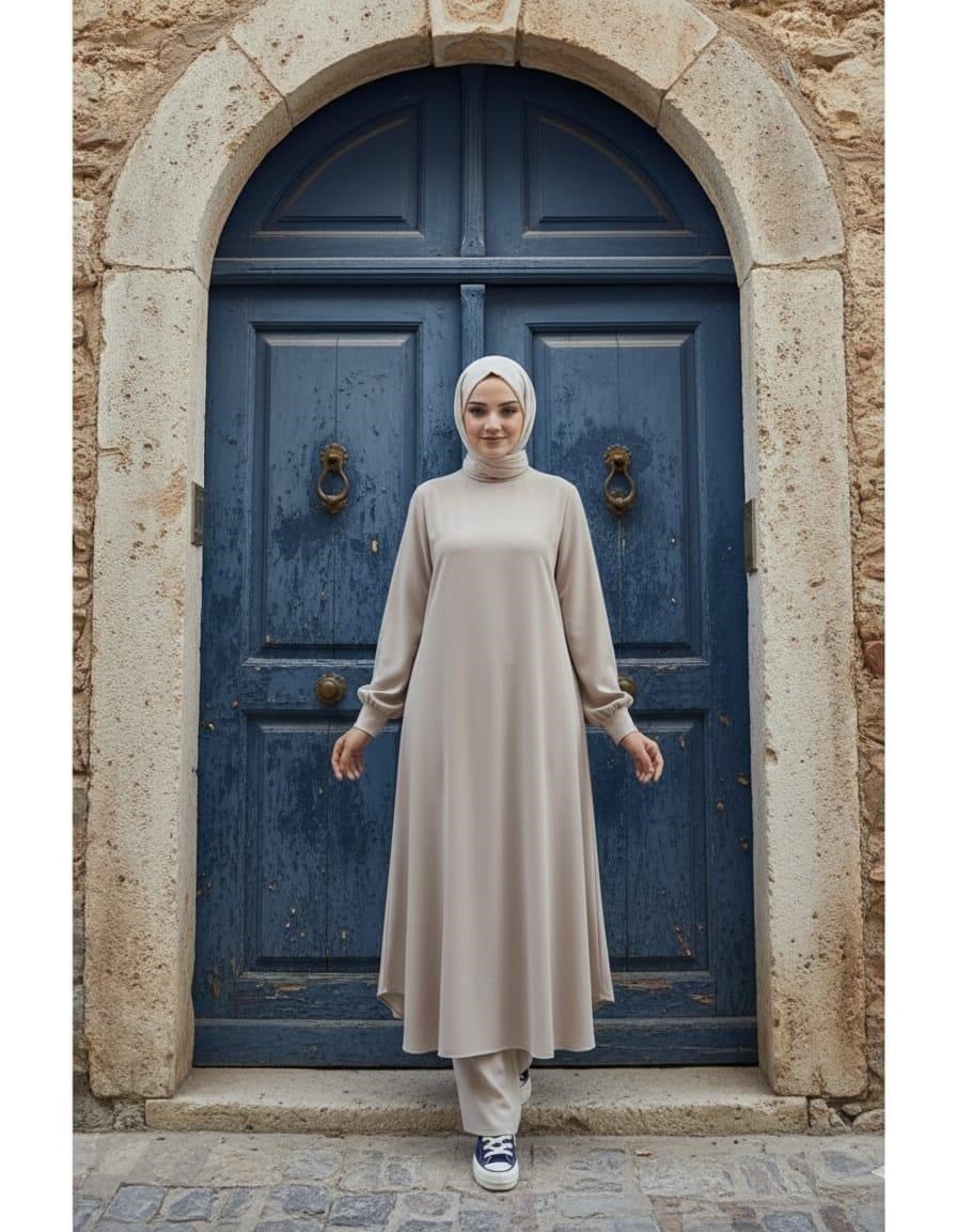 Lina Tesettür Tunik Takım Krem
