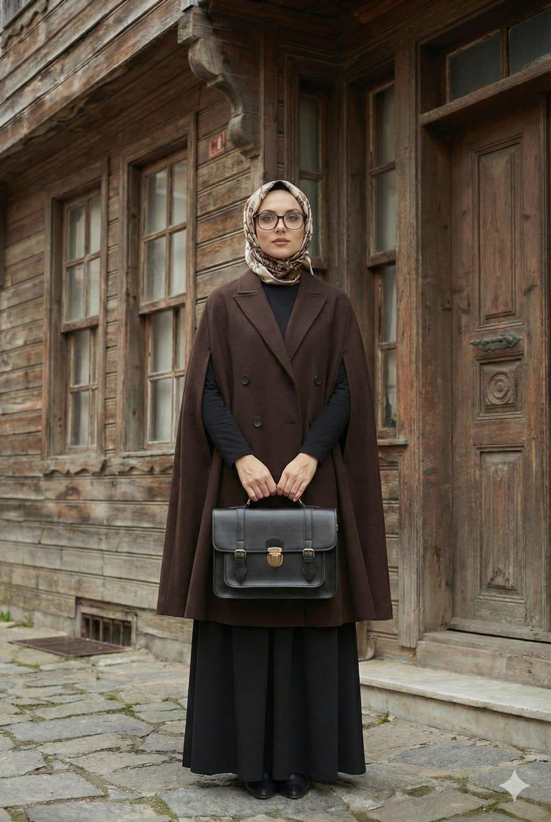 NEVBAHAR Kadın Kaşe Panço Klasik Yaka, Tek Düğmeli, Şık ve Tok Duruşlu Kahverengi