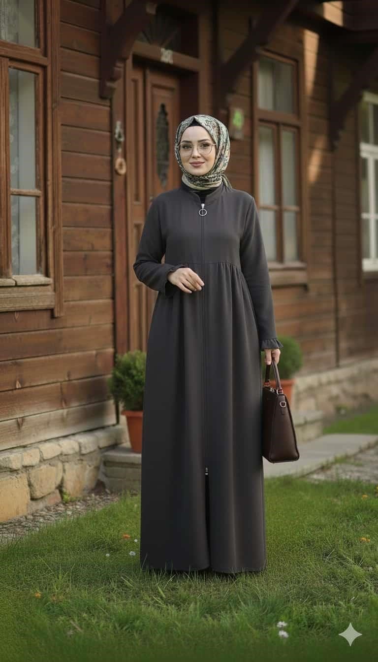 NİSA Modern Kesim Boydan Gizli Fermuarlı Dik Yaka Rahat ve Dökümlü Kalıp Ferace Antrasit