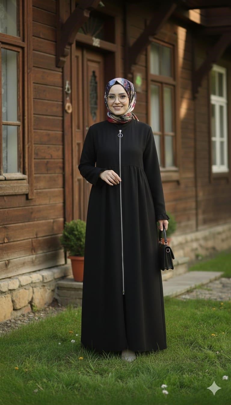 NİSA Modern Kesim Boydan Gizli Fermuarlı Dik Yaka Rahat ve Dökümlü Kalıp Ferace Siyah
