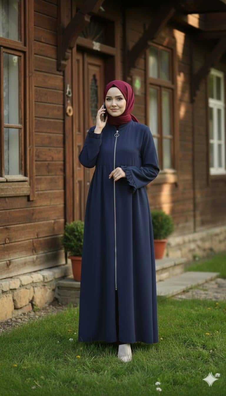NİSA Modern Kesim Boydan Gizli Fermuarlı Dik Yaka Rahat ve Dökümlü Kalıp Ferace Lacivert