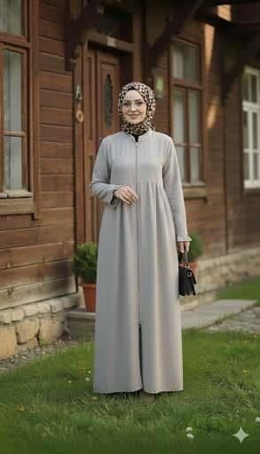 NİSA Modern Kesim Boydan Gizli Fermuarlı Dik Yaka Rahat ve Dökümlü Kalıp Ferace Gri