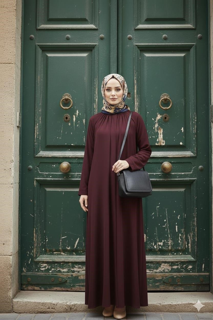 Rana Yakadan Büzgülü Tesettür Elbise Kahverengi