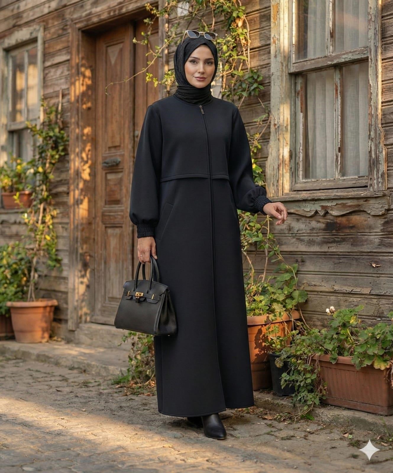 URBAN MODEST Fermuarlı Ribana Detaylı Kaban Lacivert