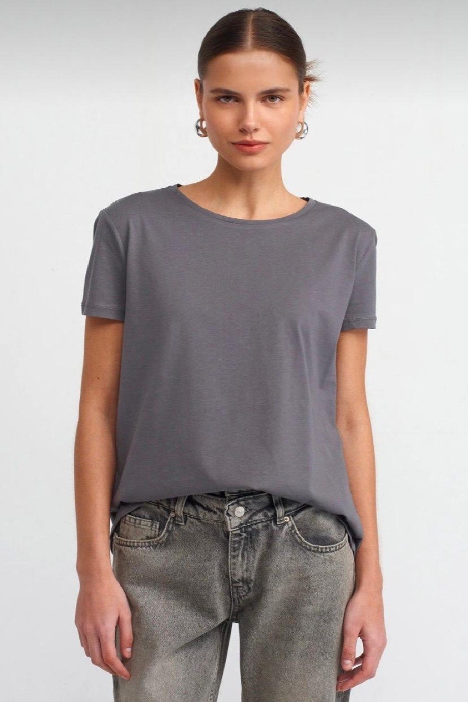 %100 Pamuk Bisiklet Yaka Basic T-shirt-Füme