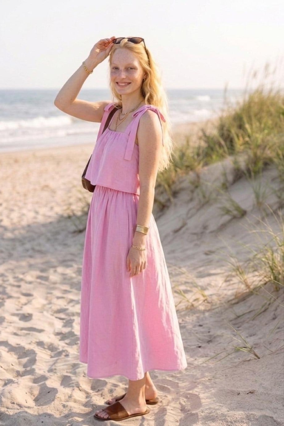 PEMBE BAĞCIKLI POPLİN MİDİ ELBİSE