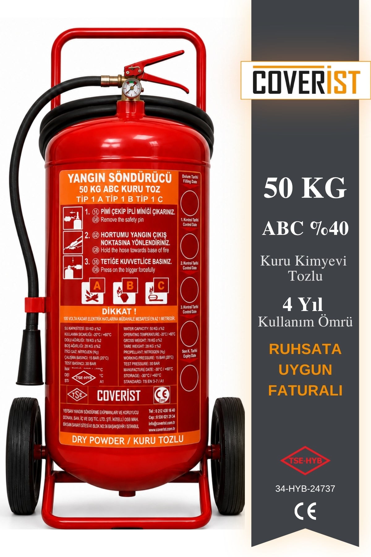 50 KG Kuru Kimyevi Tozlu Yangın Söndürme Tüpü Ruhsata Uygun Faturalı Yeni Üretim - Coverist