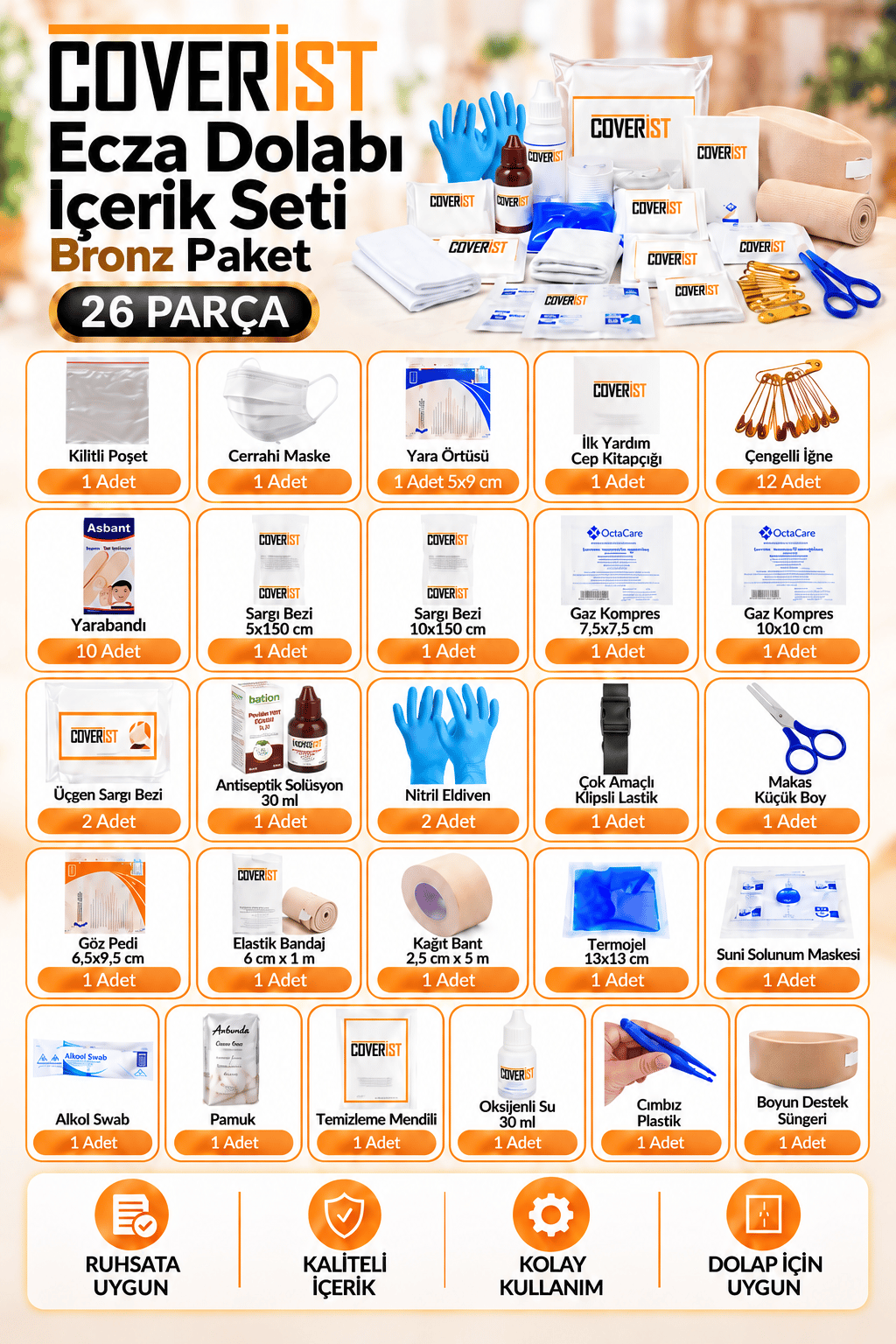 Ecza Dolabı Plastik Çanta İlk Yardım İçerik Seti - Bronz Paket