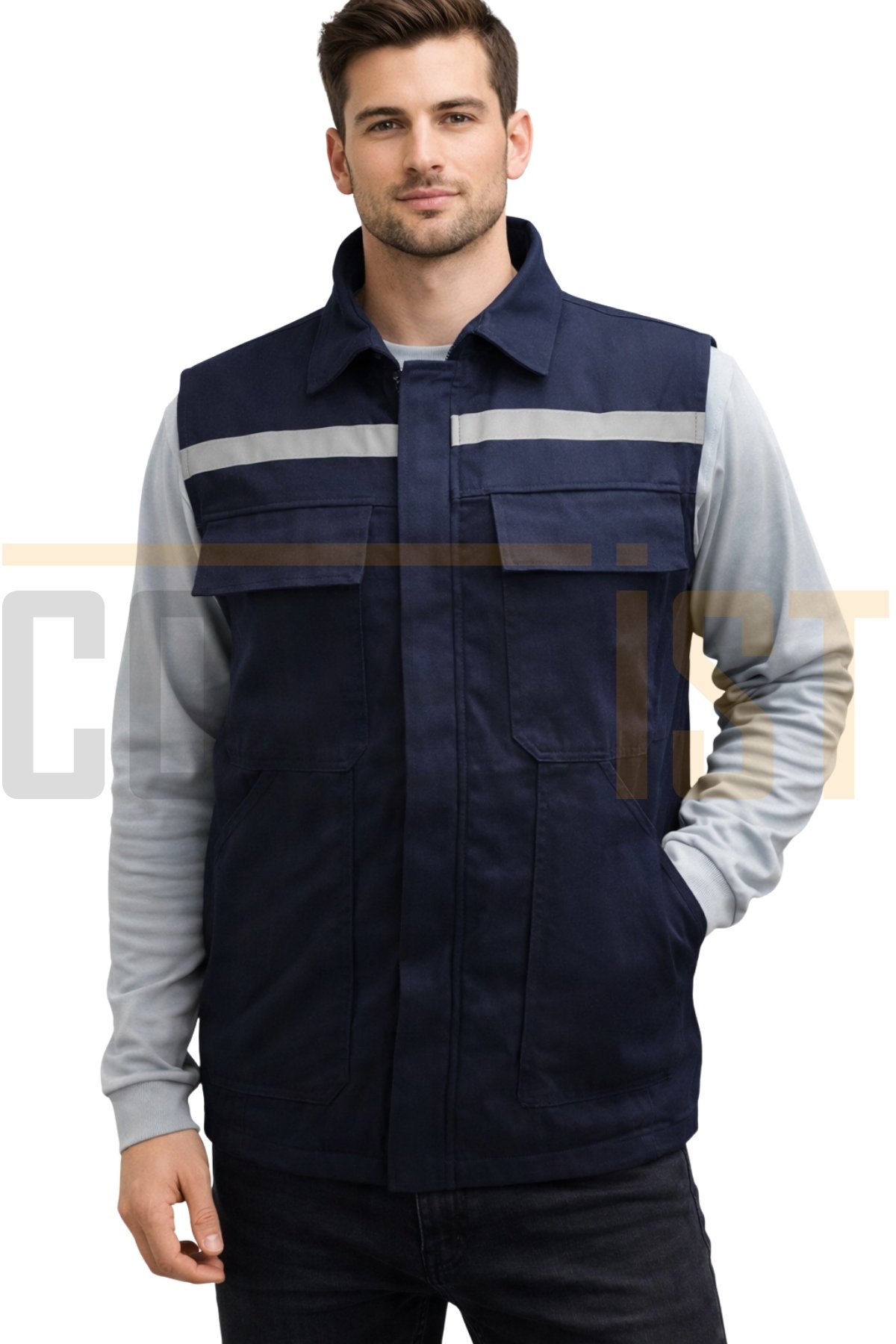 Reflektörlü Gabardin İş Yeleği - Lacivert