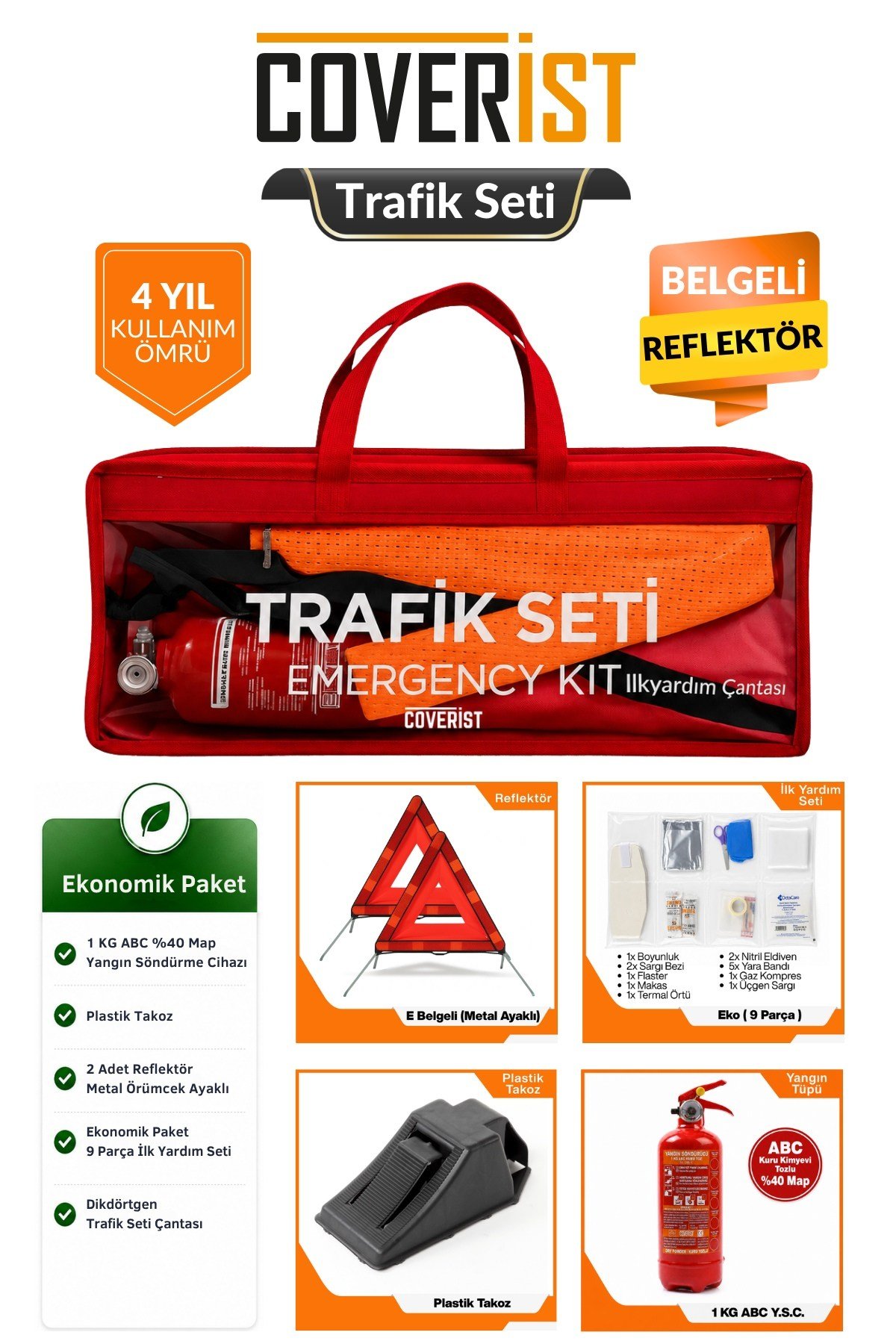 Trafik ve İlk Yardım Seti - Ekonomik Paket 1 KG Araç Yangın Tüpü - 2 Adet Reflektör 
