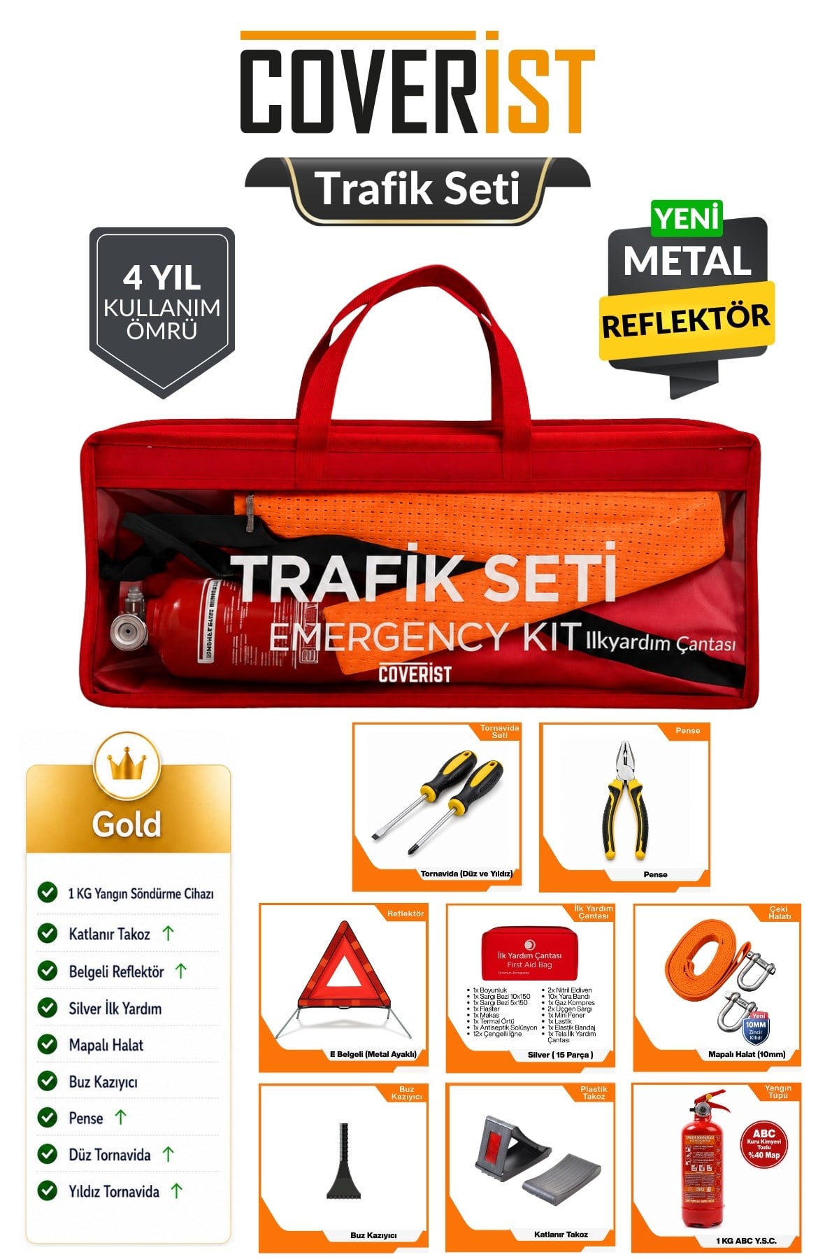 Trafik ve İlk Yardım Seti - Muayene Uyumlu 1 KG Araç Yangın Tüpü - 2 Adet Reflektör - Gold Pack