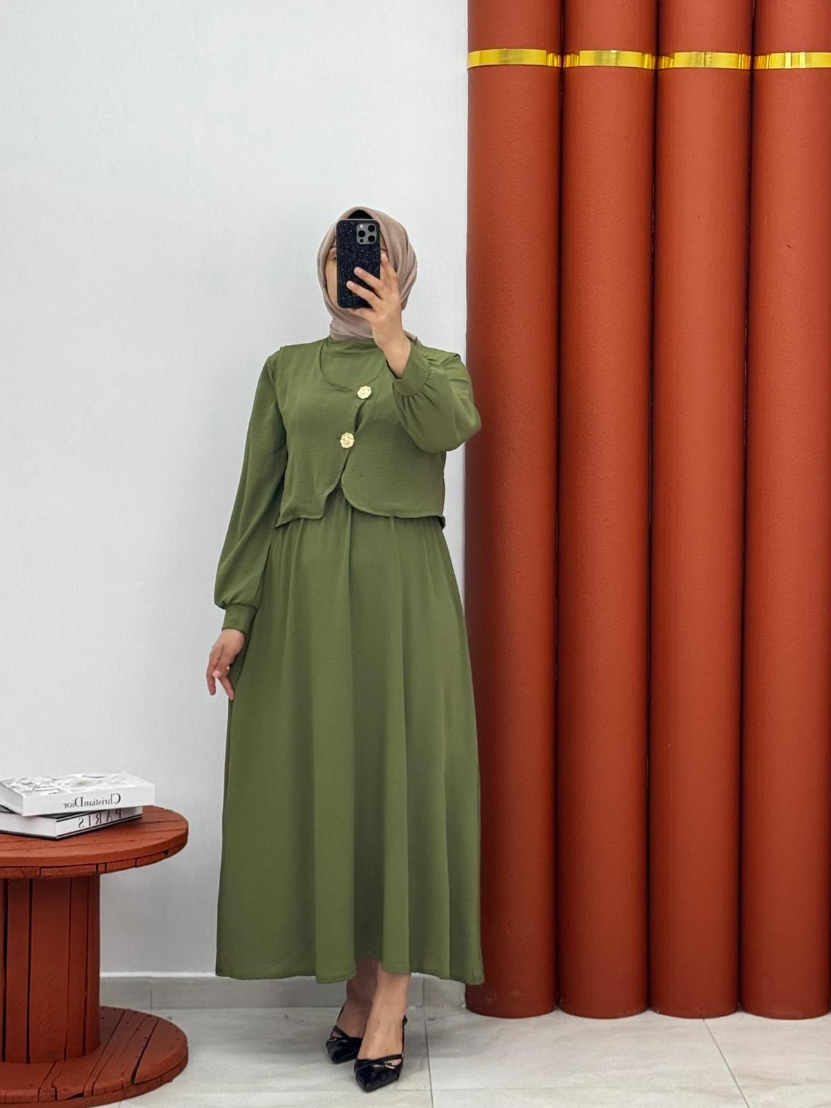 7698 Airobin kumaş yelekli elbise yeşil