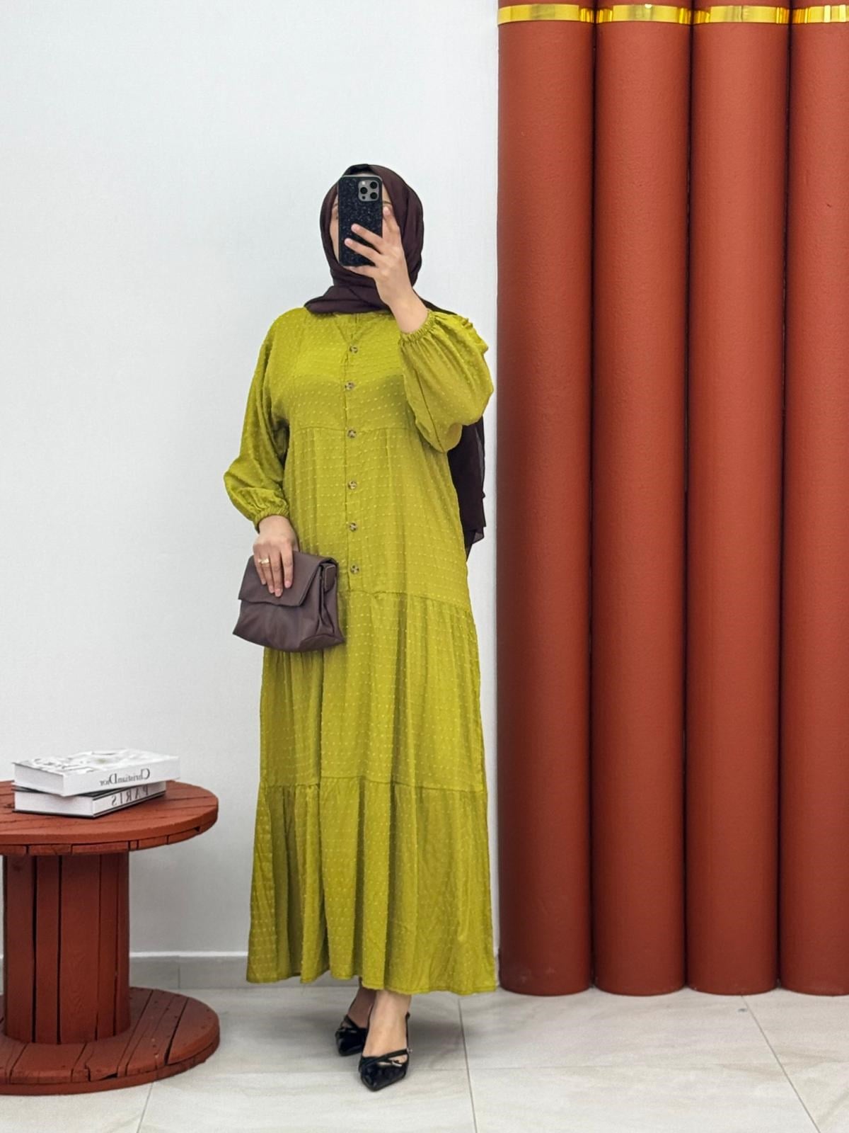 5624 Kırnkil  ponpon kumaş elbise yag yeşili