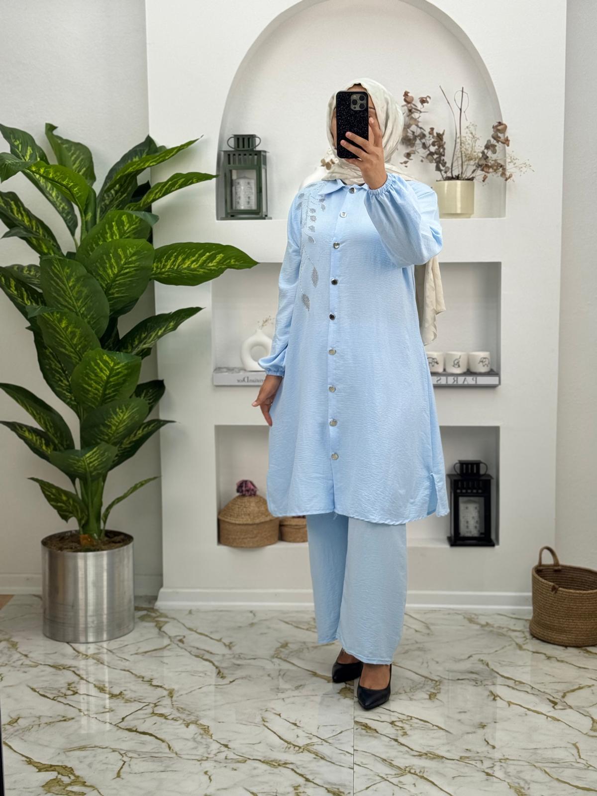 2007 Yeni Sezon Airobin Kumaş Yaprak desenliTaşlı İkili Takım Renk Mavi