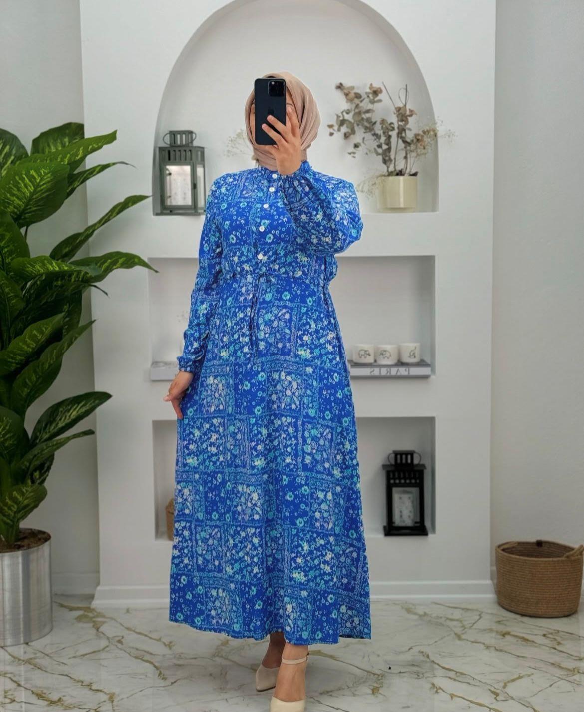 1640 Yeni Sezon Kendinden Kemerli Alya Elbise Renk Mavi