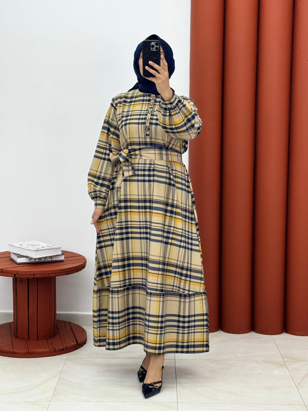 6878 ekose yarım dügmeli elbise lacivert çizgili