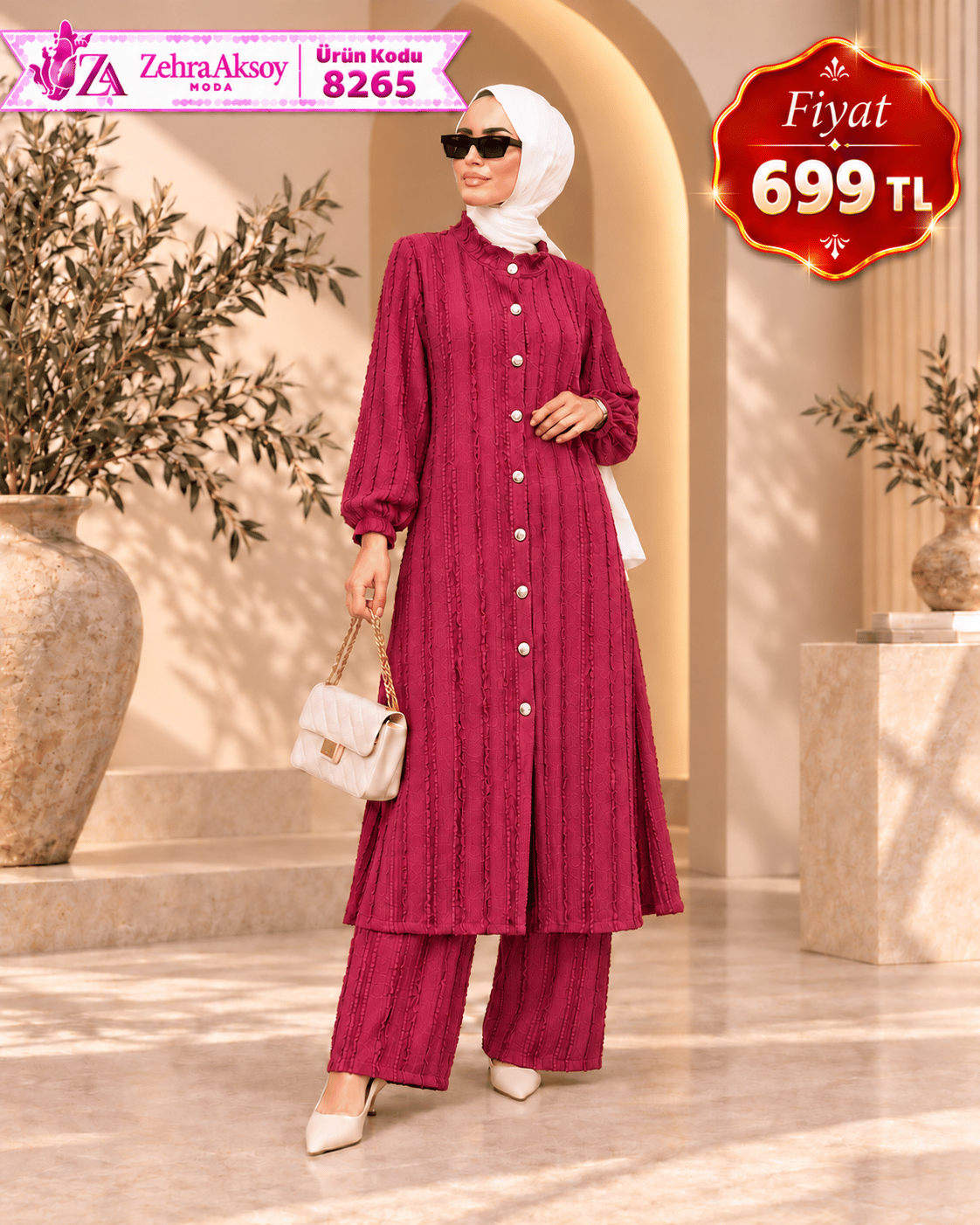 8265 burgu fırfırlı ikili takım bordo