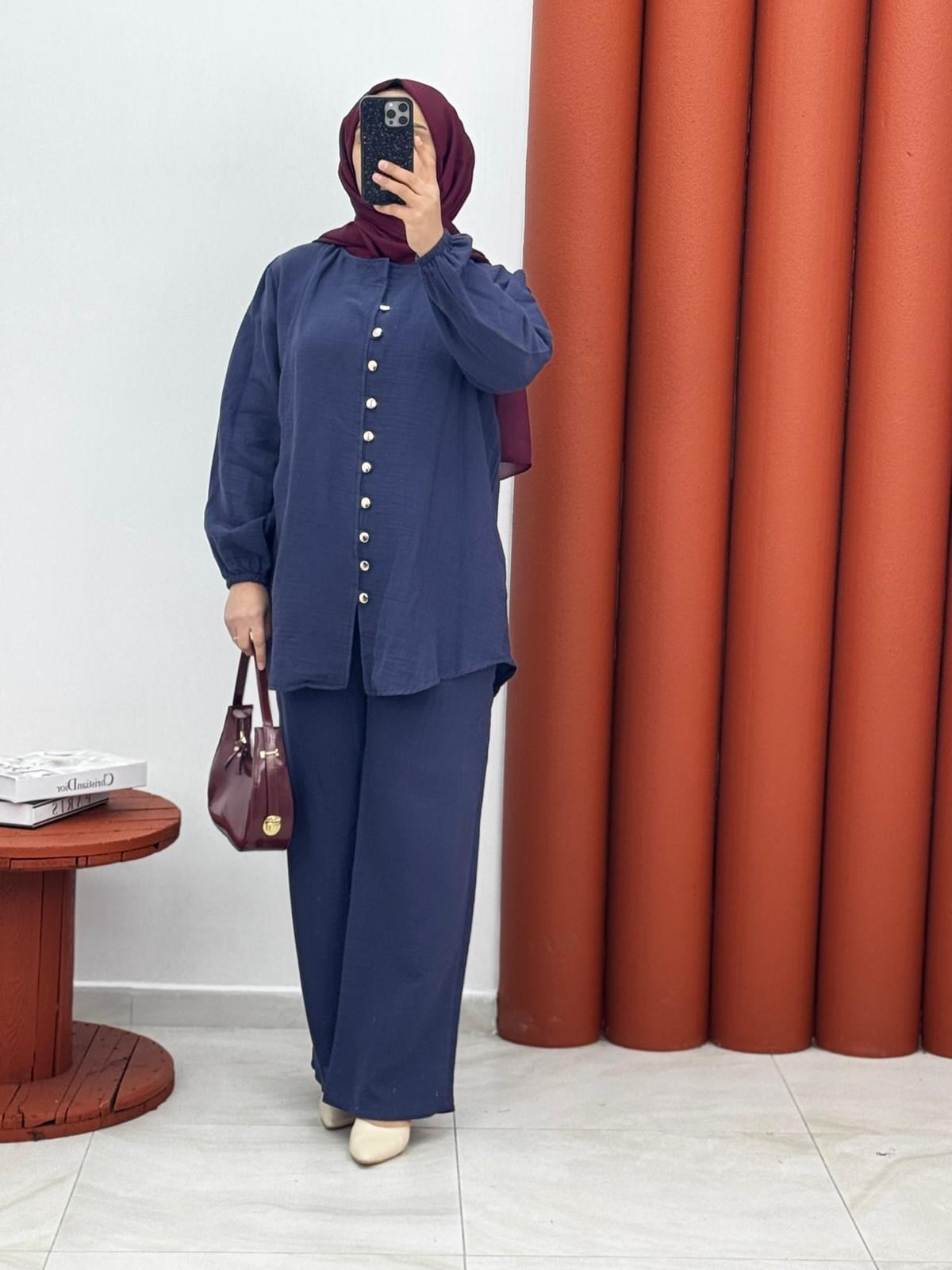 5869 Müslin kumaş dügmeli ikili takım lacivert