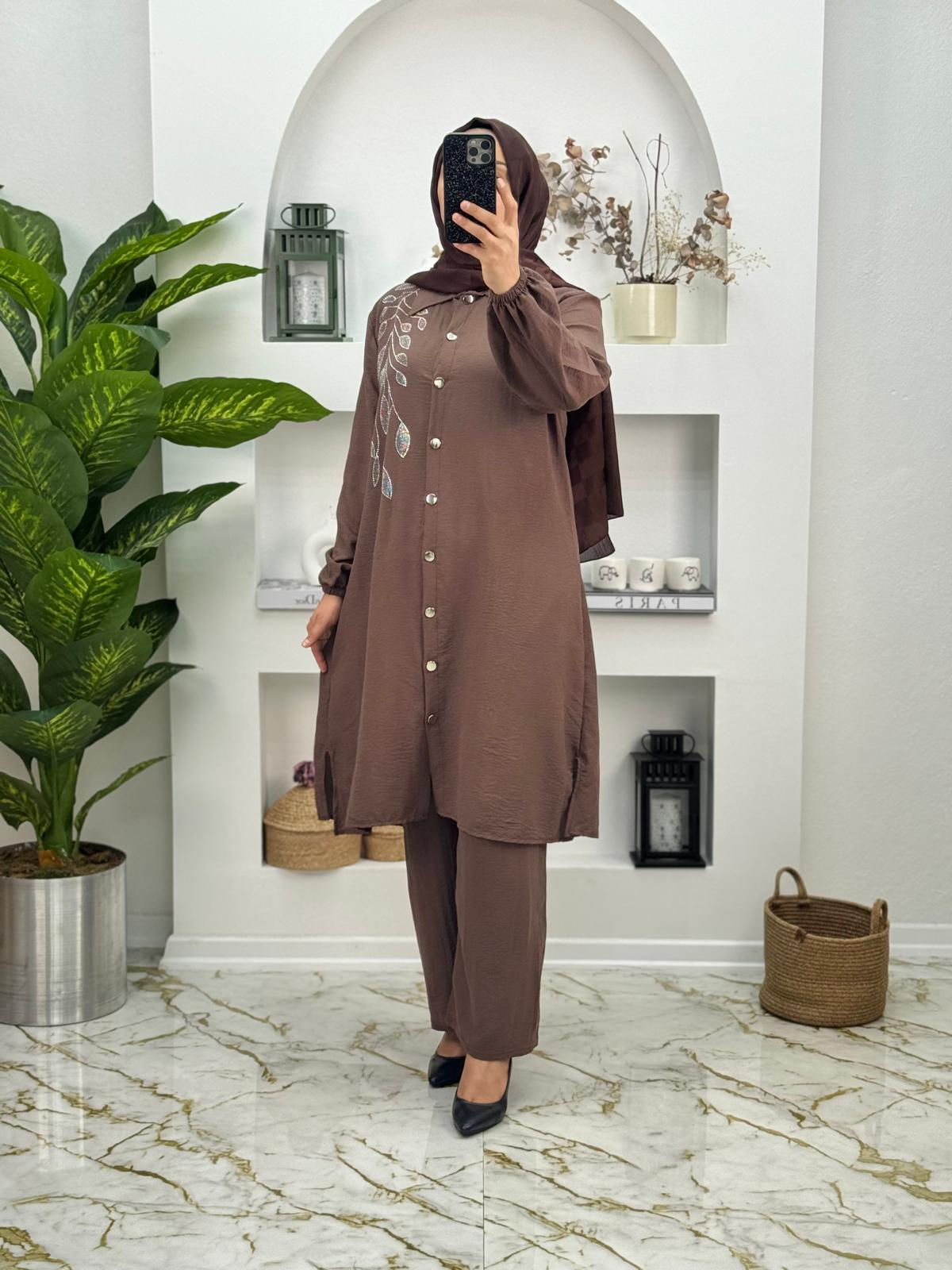 2007 Yeni Sezon Airobin Kumaş Yaprak desenliTaşlı İkili Takım Renk Kahverengi