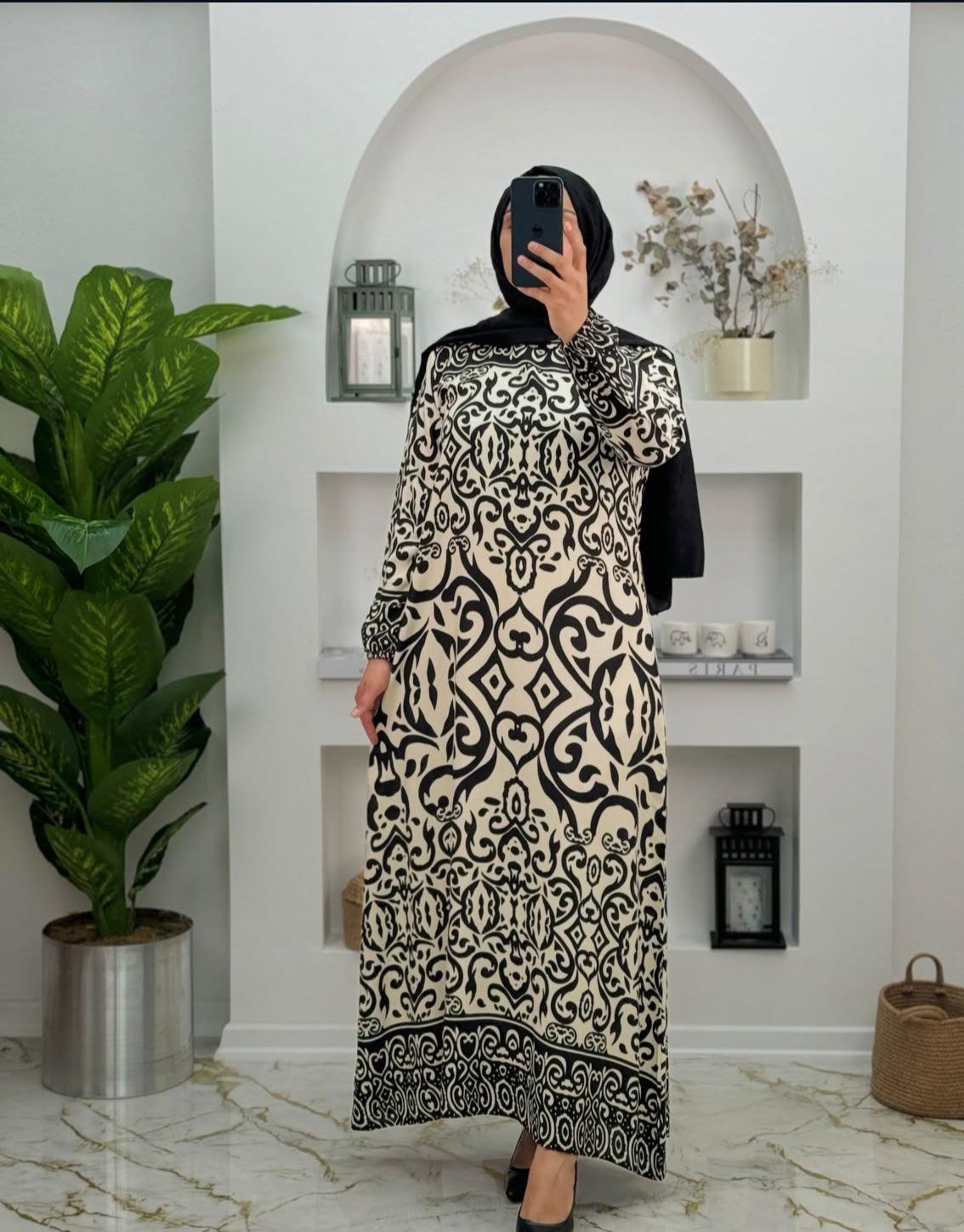 4565 Yeni Sezon Viskon Kumaş Seyyar Kemerli Etnik Desen Tuğba Elbise Renk Krem