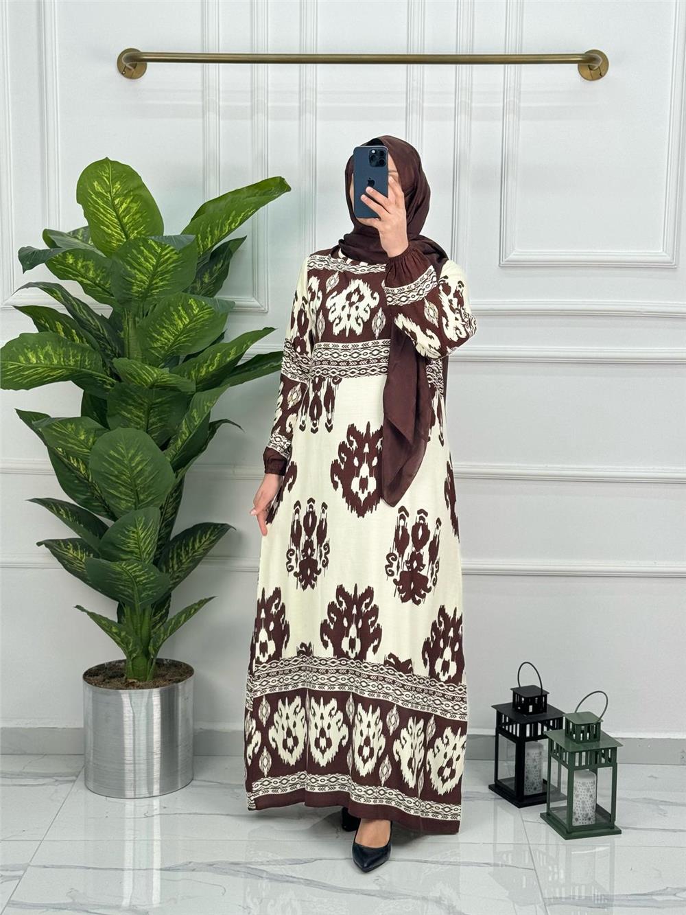 Viskon Kumaş Yeni Sezon Etnik Elbise 0161 Kahverengi Ekru