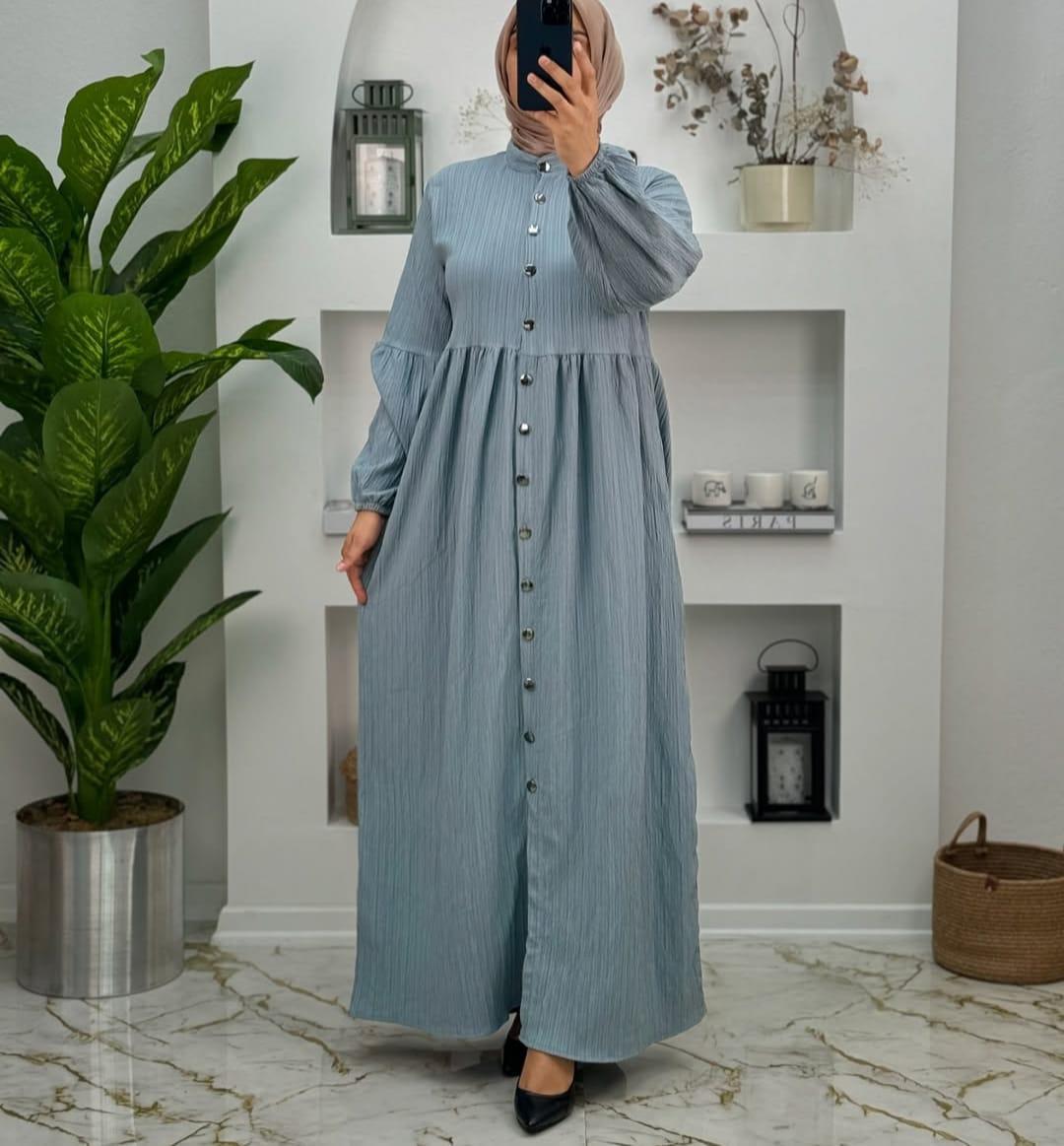 1630 krinkil kumaş yeni sezon boydan düğmeli elbise gri