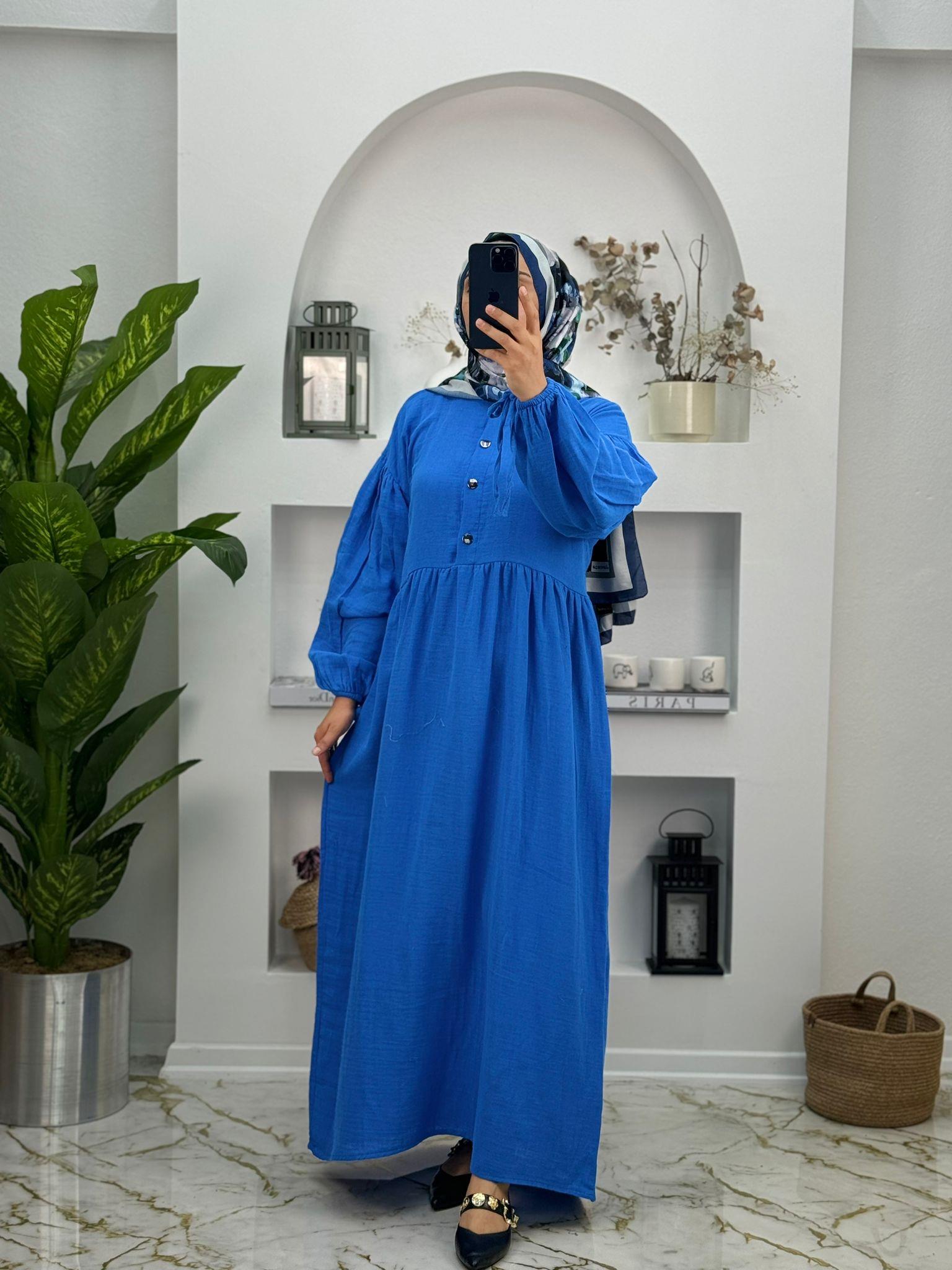 1014 yeni sezon müslim yarı düğmeli elbise mavi