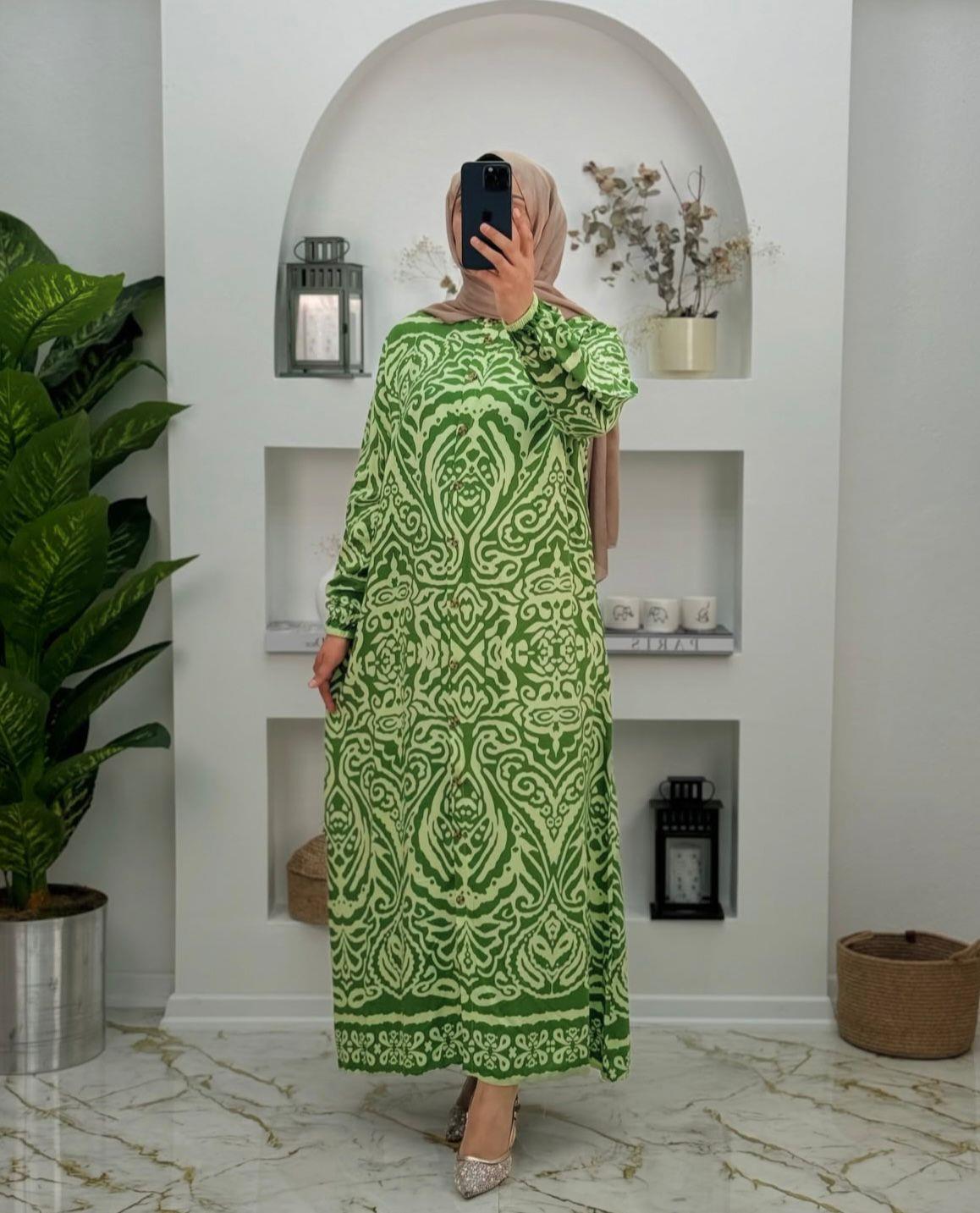 2147 Yeni Sezon Önden Düğmeli Giy Çık Elbise Renk Yeşil