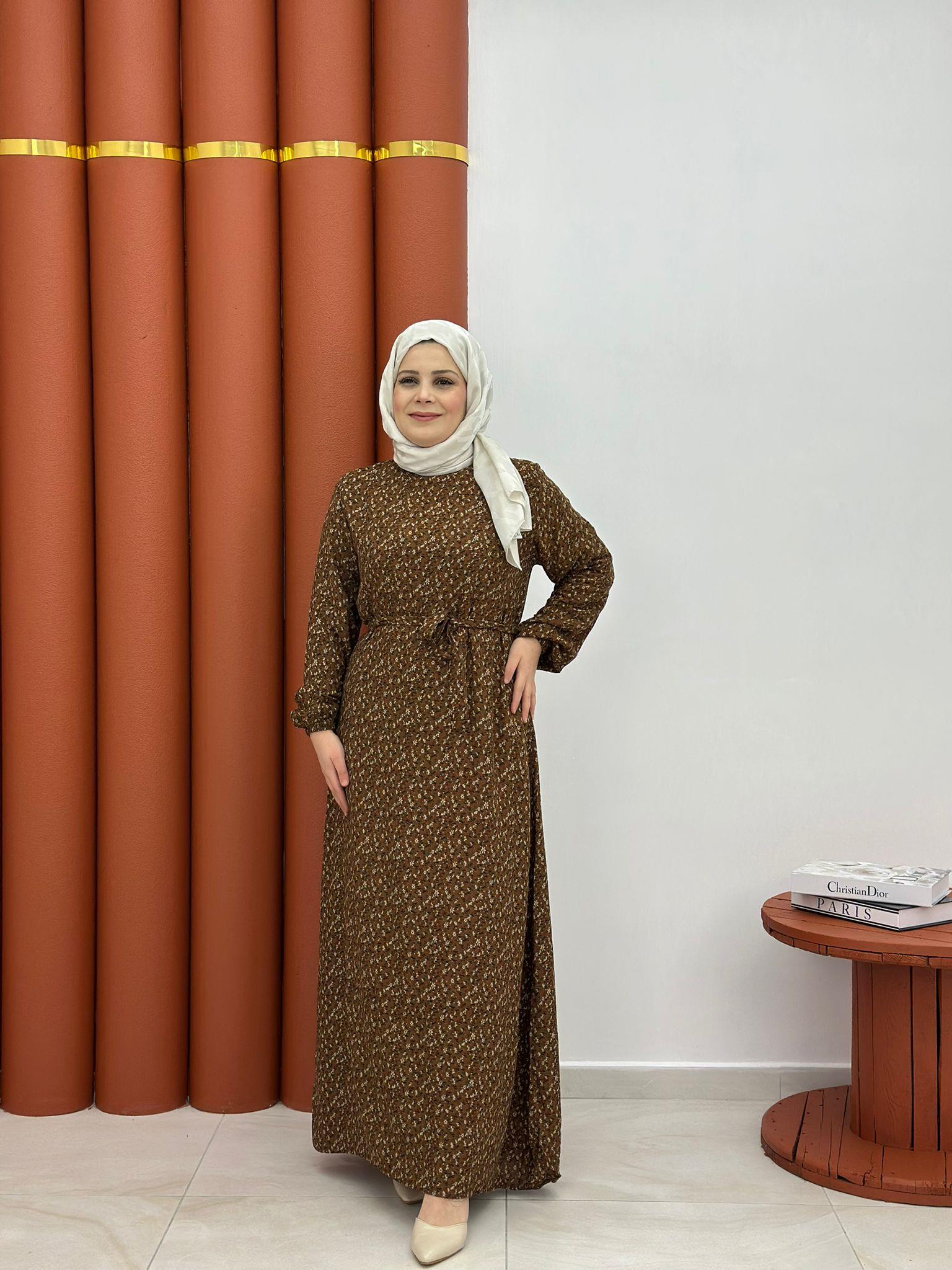 022 viskon çıtır desen elbise kahverengi