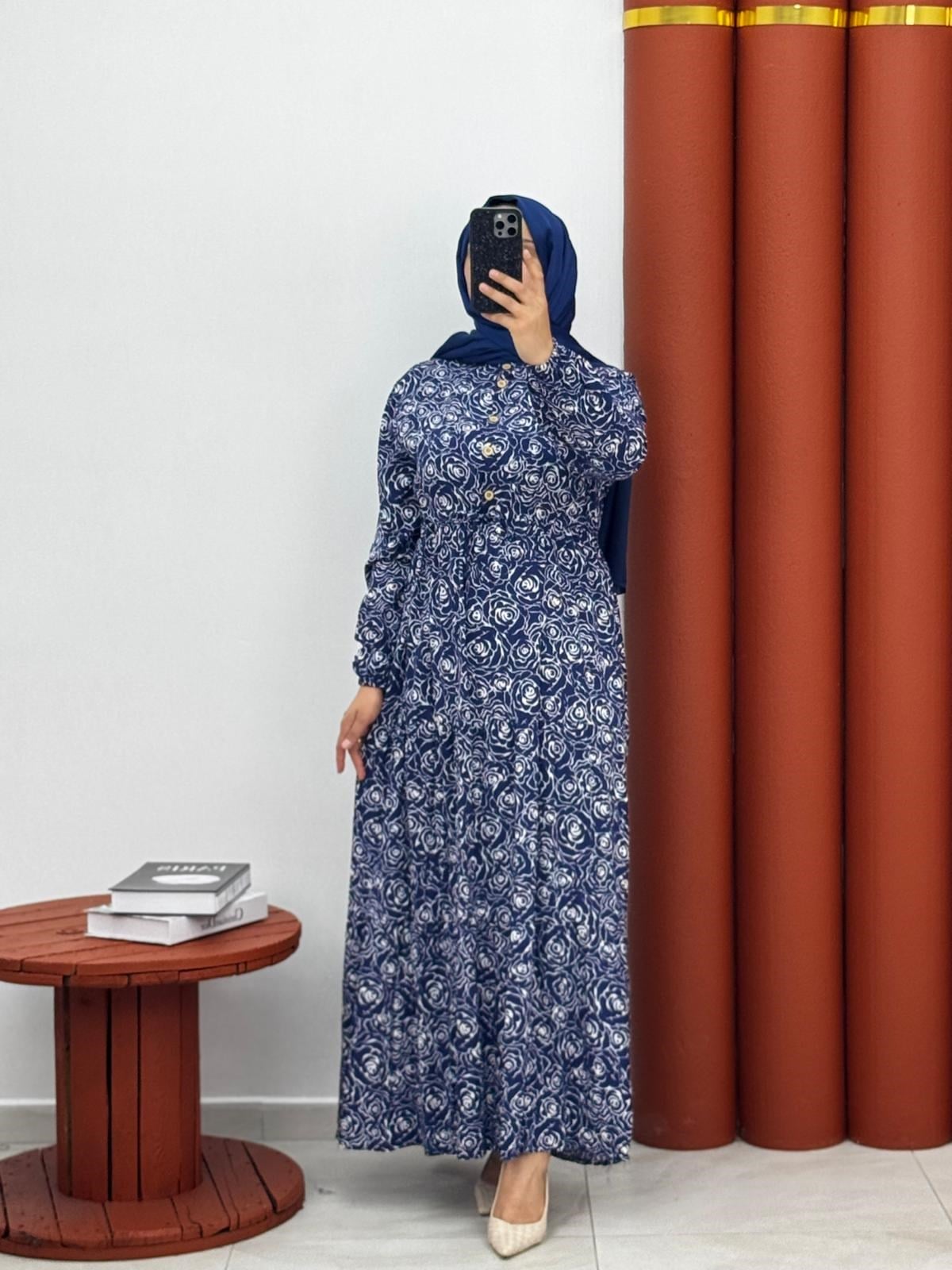 4987 Yeni Sezon Viskon Kumaş Önden Düğmeli Elbise Renk Lacivert 