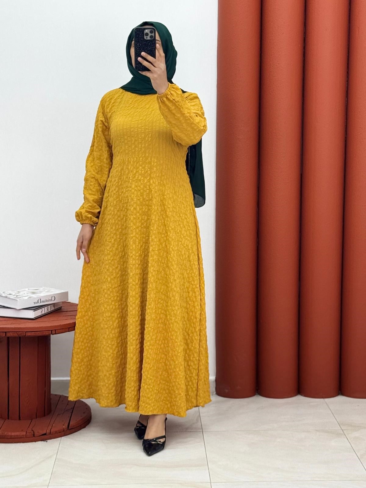 0195 Gofre elbise hardal