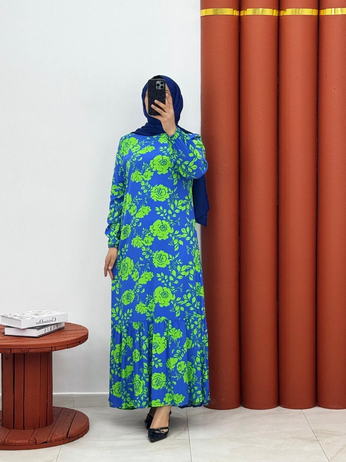 0076 Viskon pamuklu elbise mavi