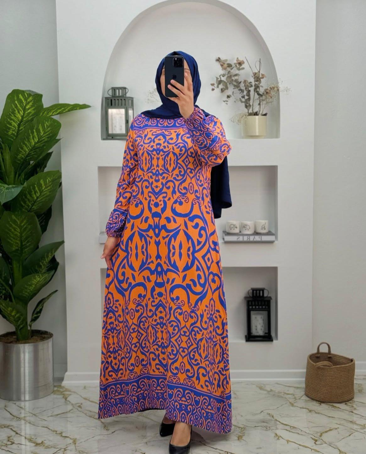 4565 Yeni Sezon Viskon Kumaş Seyyar Kemerli Etnik Desen Tuğba Elbise Renk Turuncu