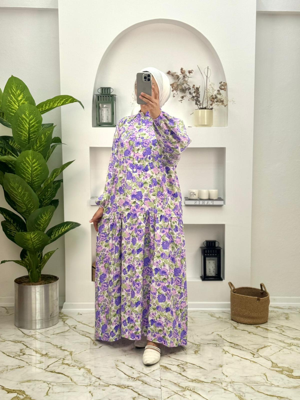 1645 Yeni Sezon Çiçekli Mango Elbise Renk Mor