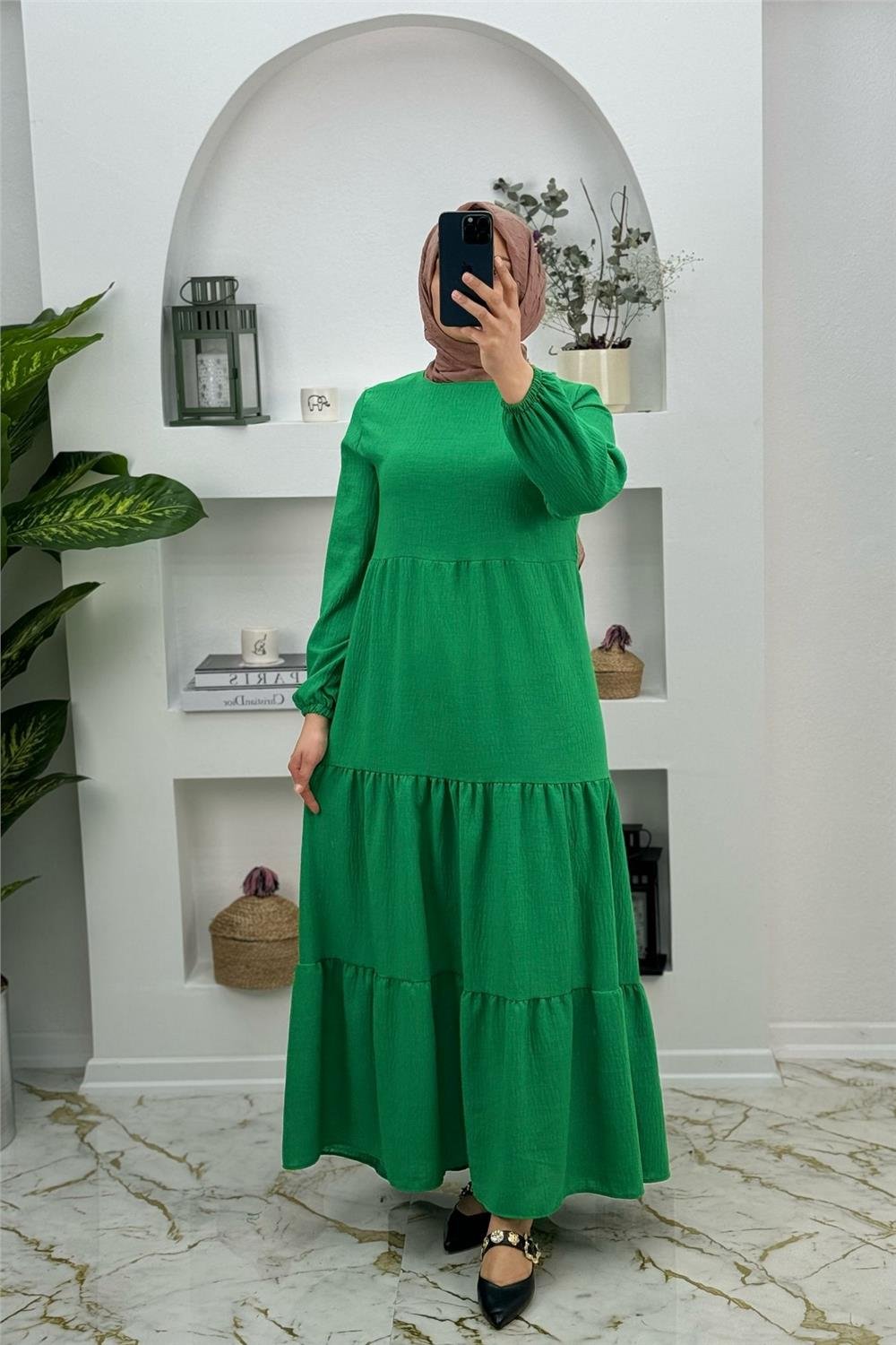 Sofia Kumaş Yeni Sezon Pamuklu Seyyar Kemer Elbise 0196 Yeşil