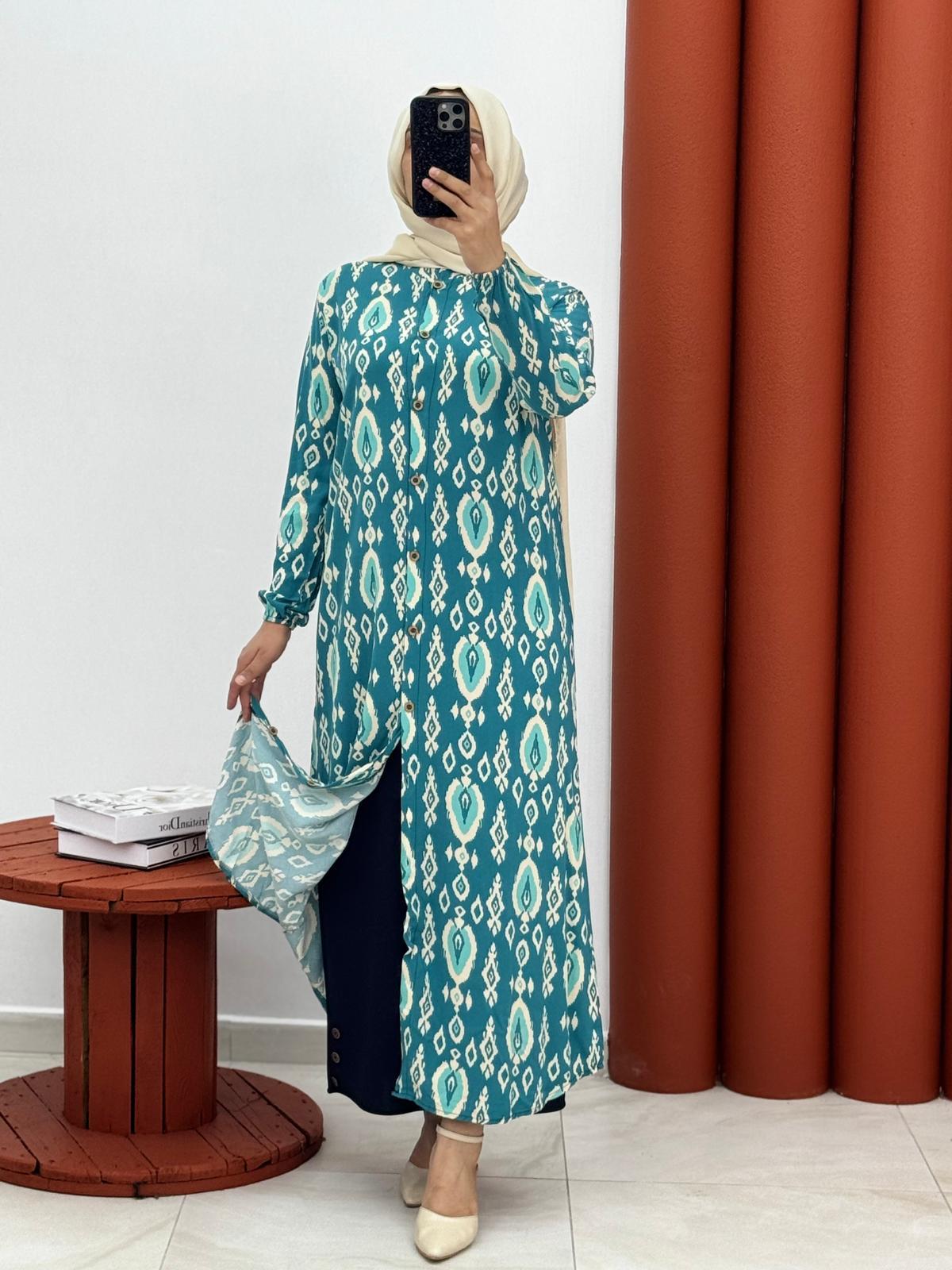 1222 boydan dügmeli elbise turkuaz