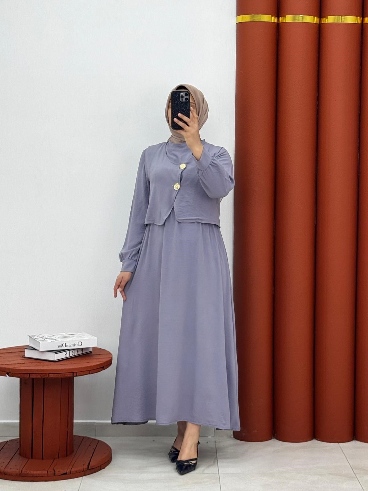 7698 Airobin kumaş yelekli elbise gri