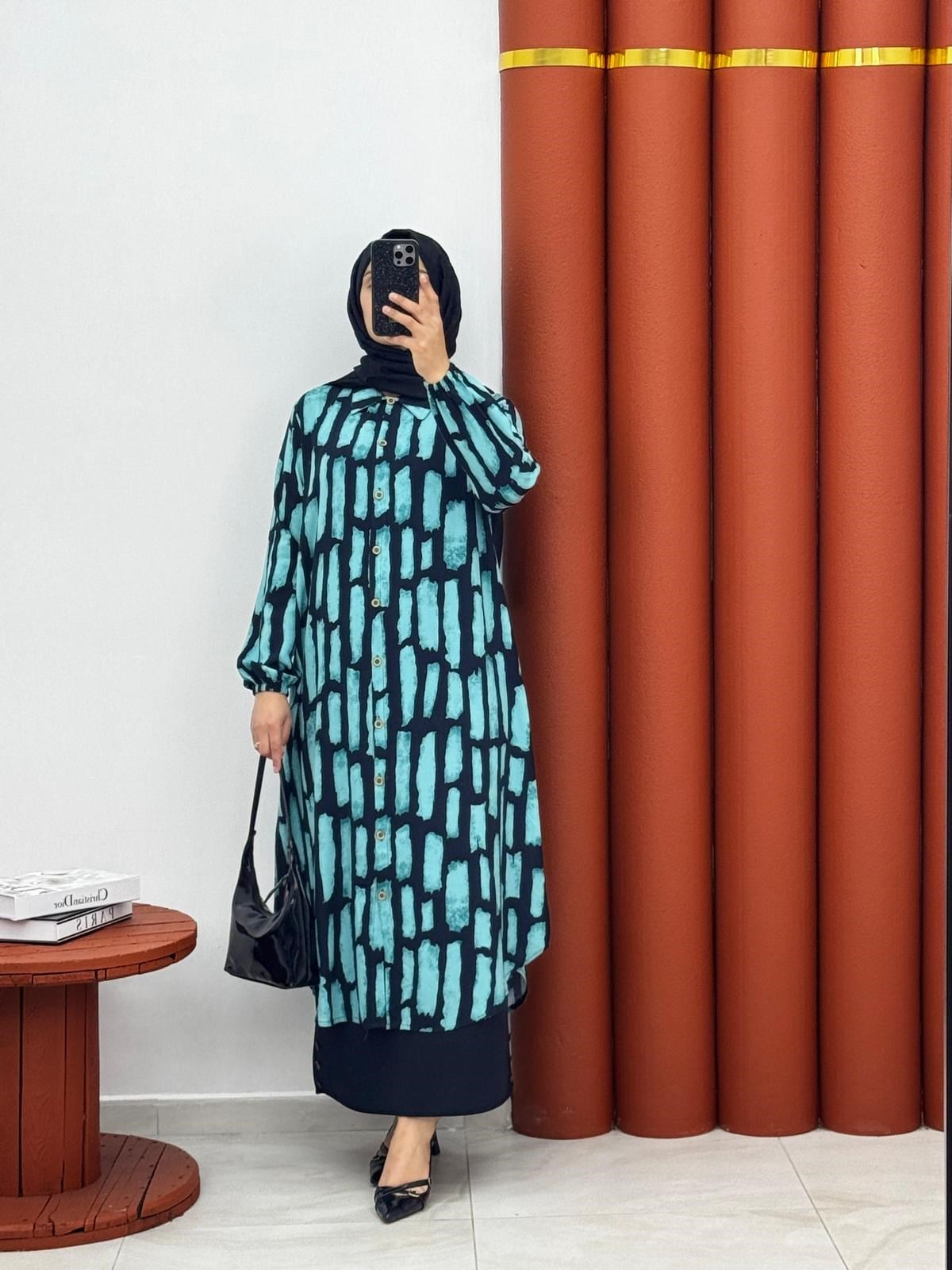 2354 Viskon boydan dügmeli tunik yeşil